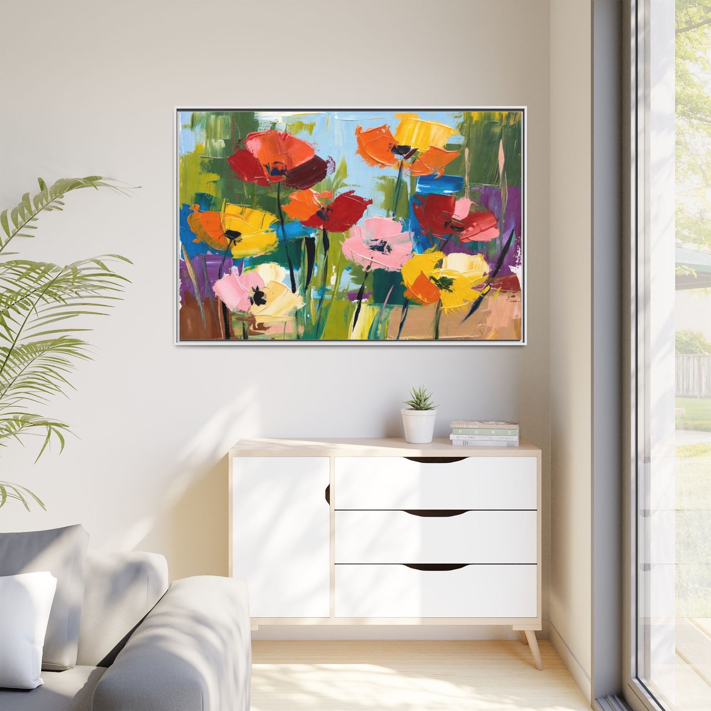 Framed Floral Canvas Print — Colorful Abstract Poppy Artwork