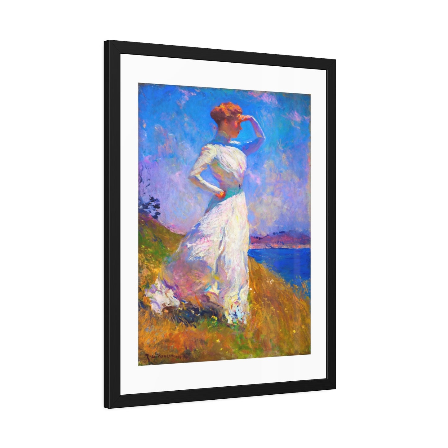 Coastal Impressionist Framed Poster — Woman in White Seaside Art Print
