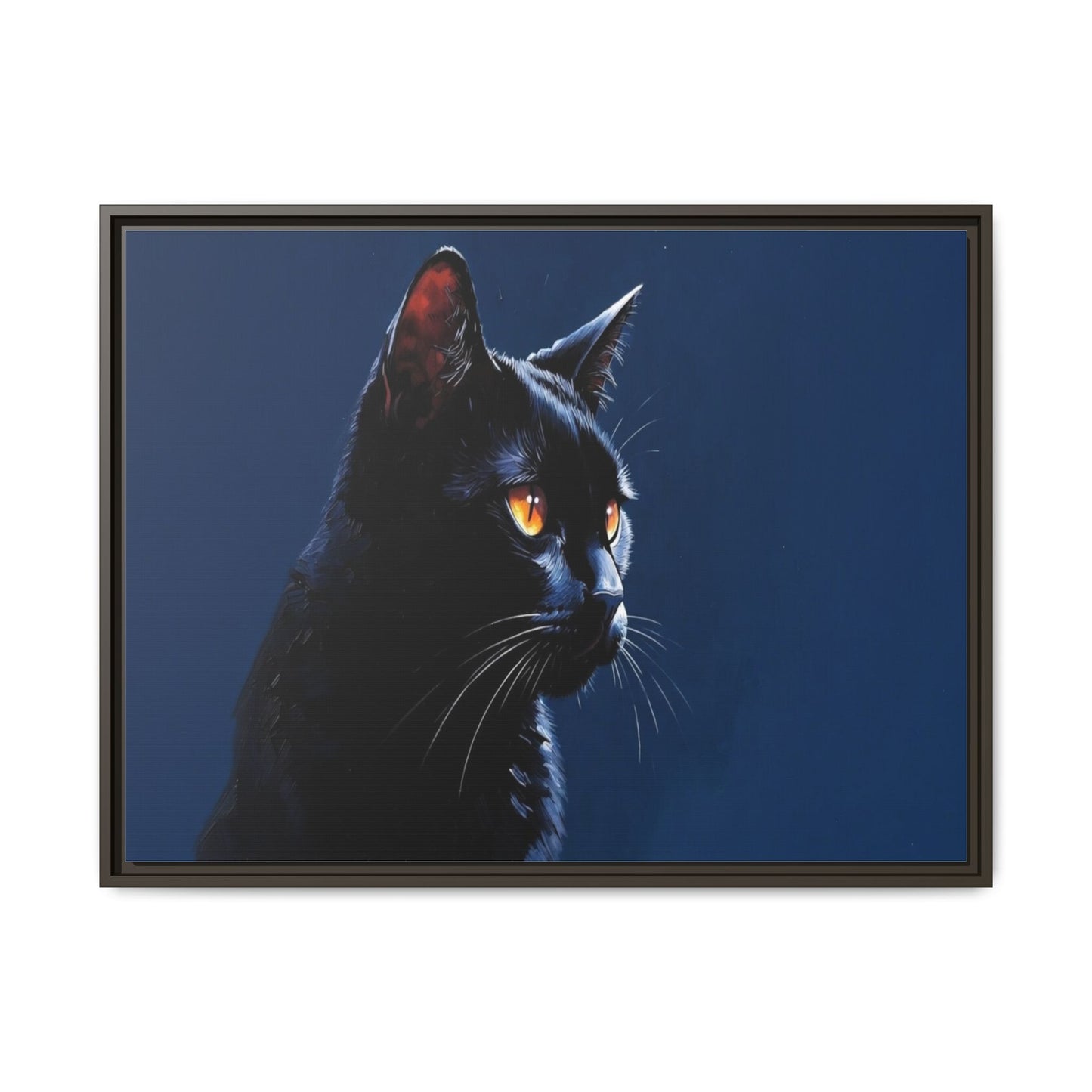 Black Cat Portrait Matte Canvas Framed Wall Art — Dramatic Feline Photo Print