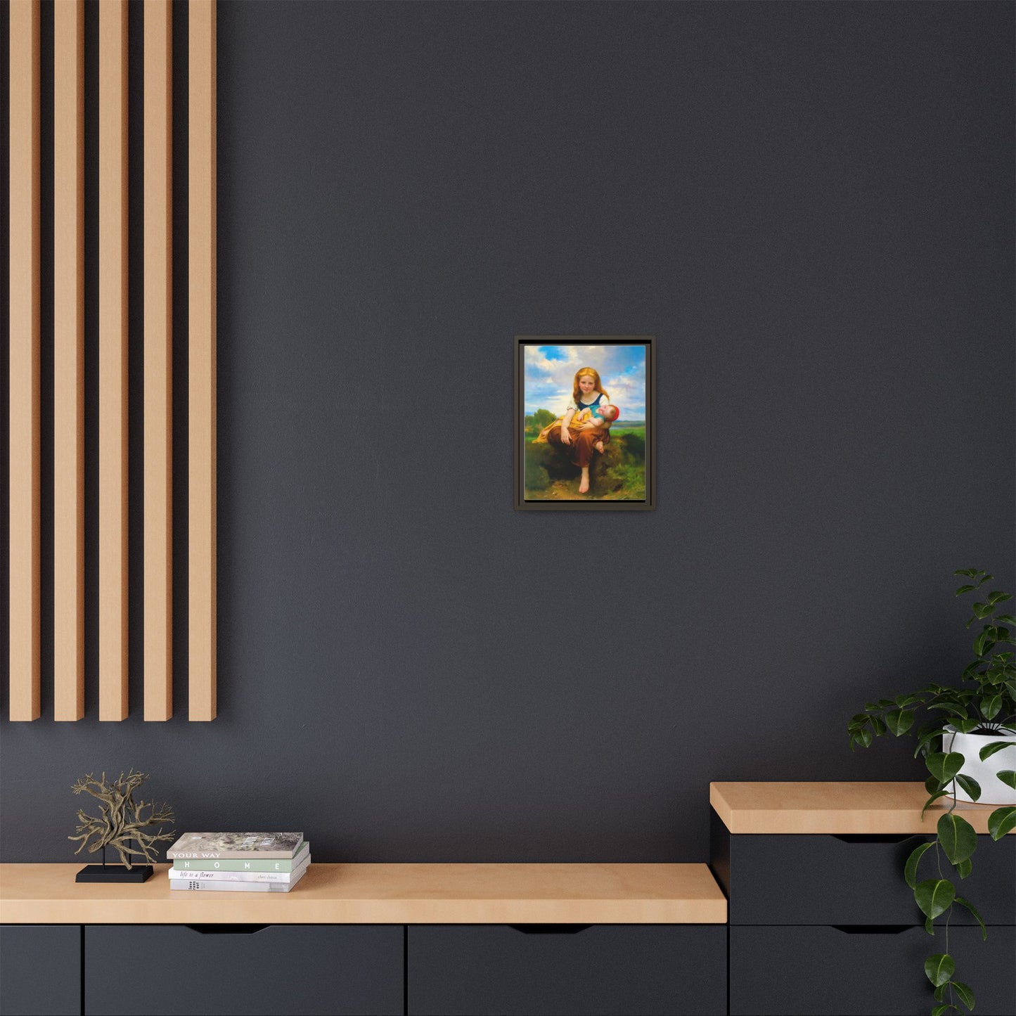 Young Girl Holding Sleeping Baby Canvas Print, Framed Wall Art