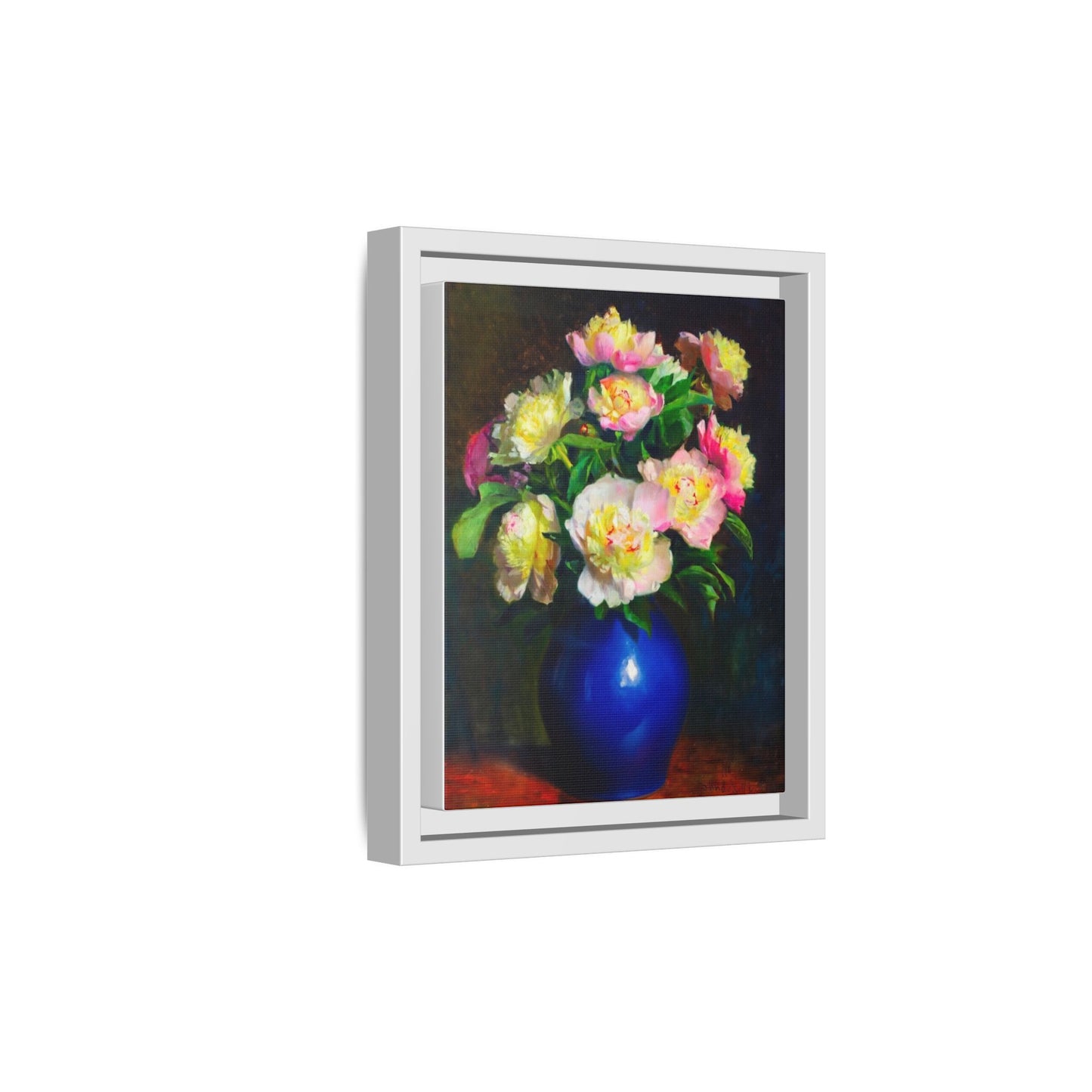 Framed Matte Canvas Wall Art — Vintage Floral Bouquet in Blue Vase