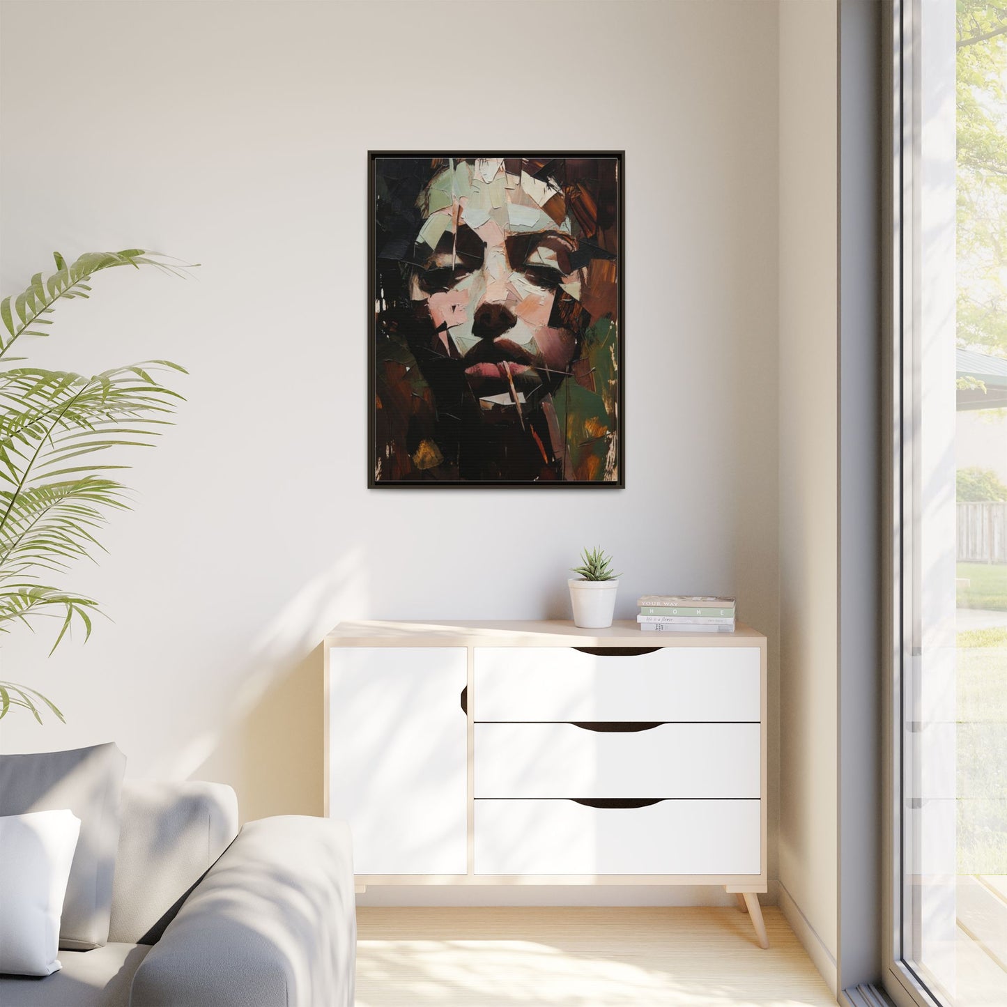 Matte Framed Canvas Art — Abstract Female Portrait, Moody Multicolor