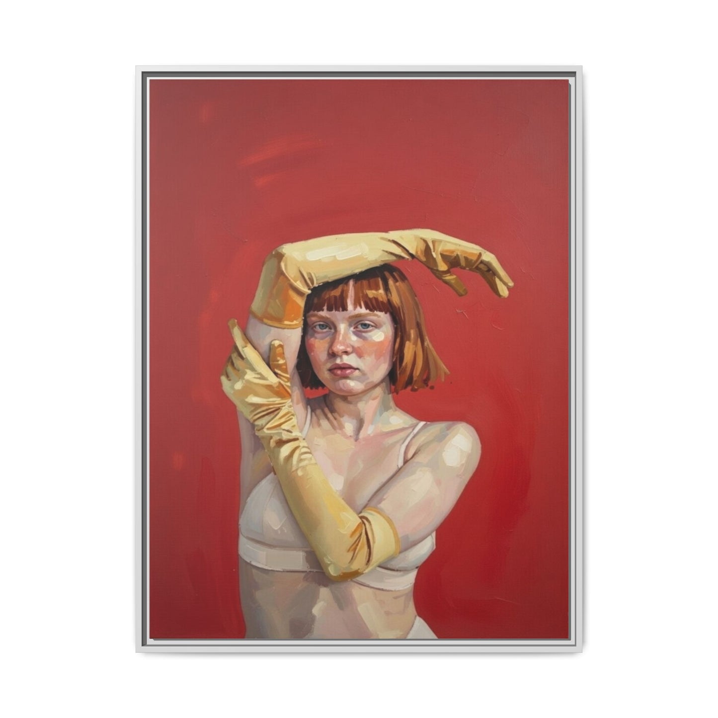 Framed Matte Canvas Art - Portrait of Woman in Yellow Gloves (Red Background)