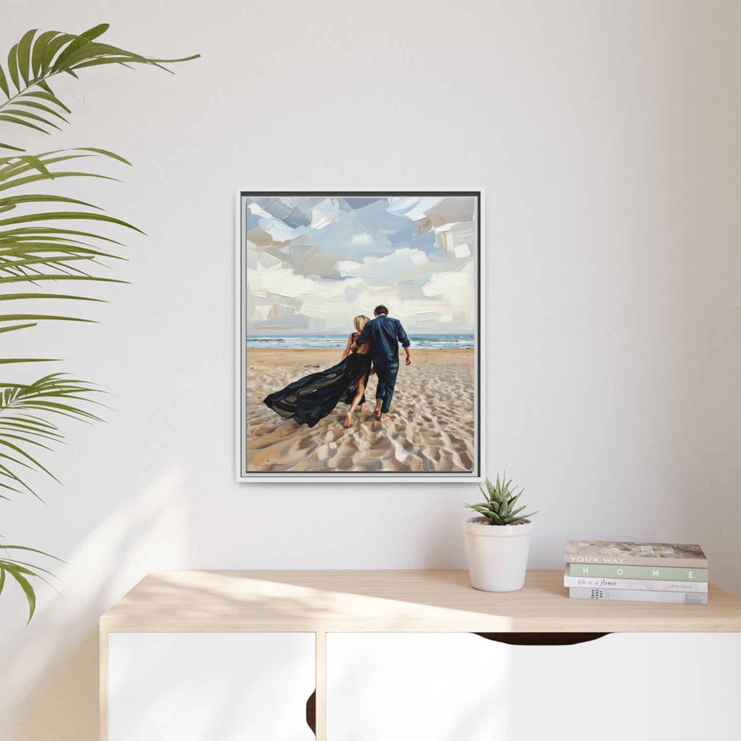 Framed Canvas Wall Art — Romantic Couple Walking on Beach Print