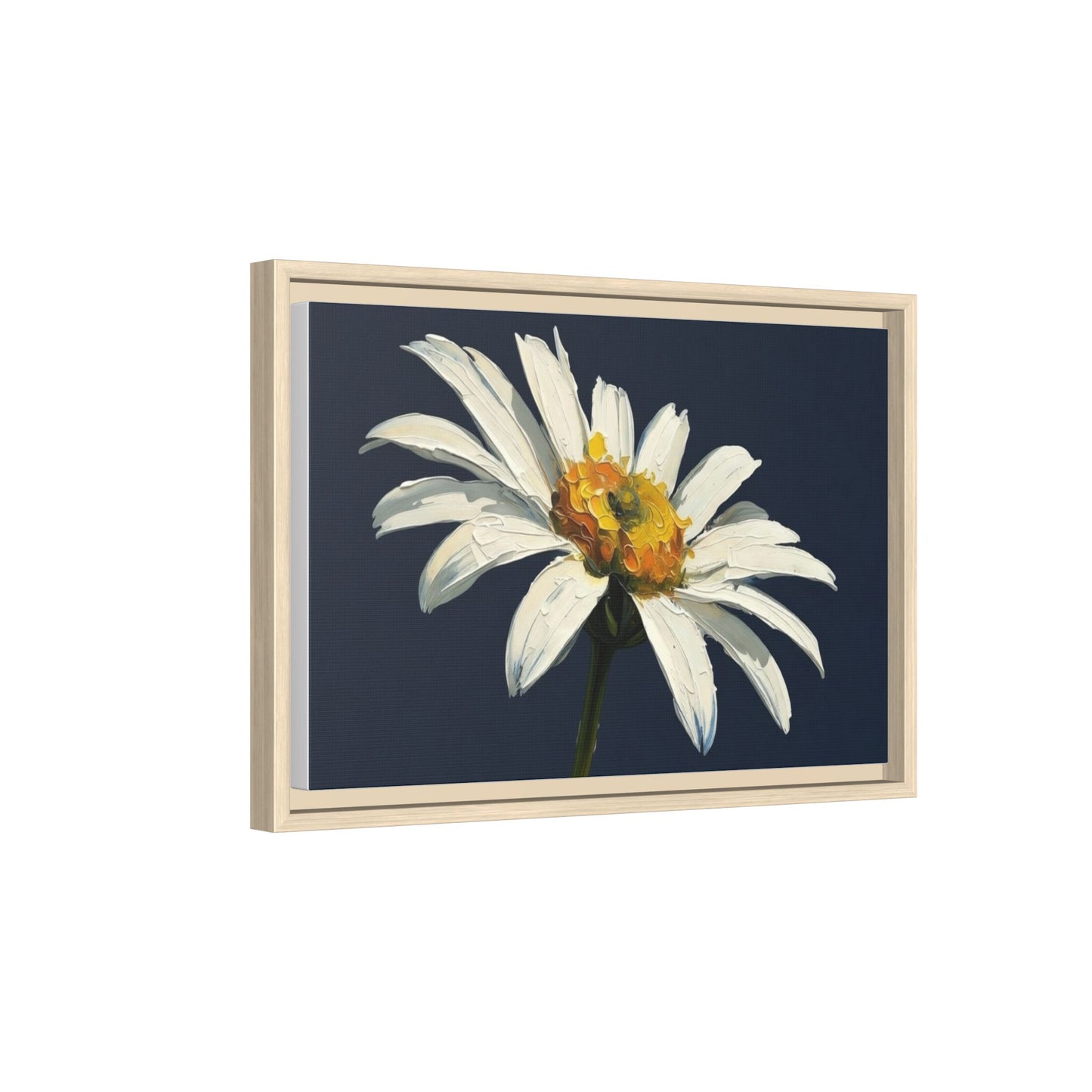 Framed Matte Canvas Daisy Wall Art — White Floral Painting on Navy