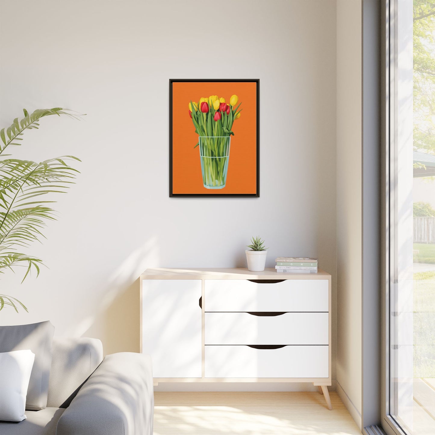 Framed Tulip Canvas Print — Colorful Tulips in Glass Vase
