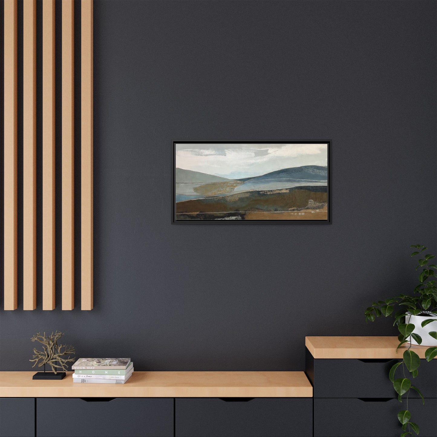 Framed Matte Canvas Landscape Art - Serene Abstract Hills in Blue & Earth Tones