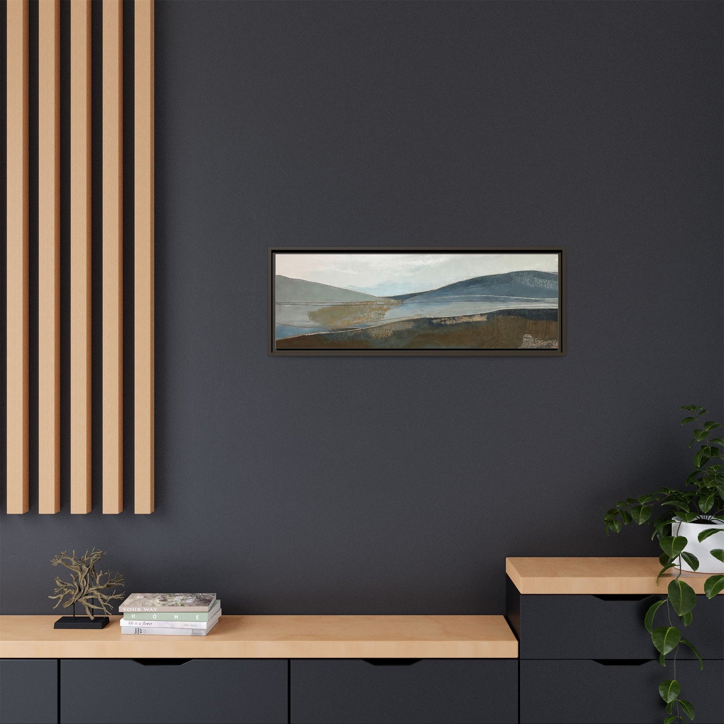 Framed Matte Canvas Landscape Art - Serene Abstract Hills in Blue & Earth Tones