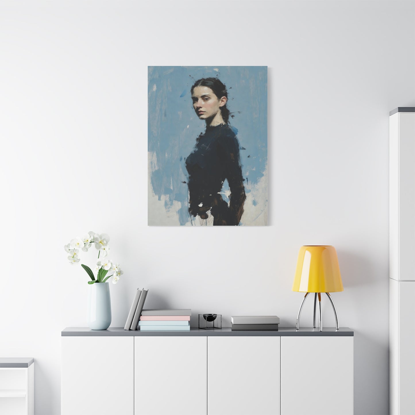 Matte Stretched Canvas Print — Portrait of a Young Woman, Moody Blue Figurative Art
