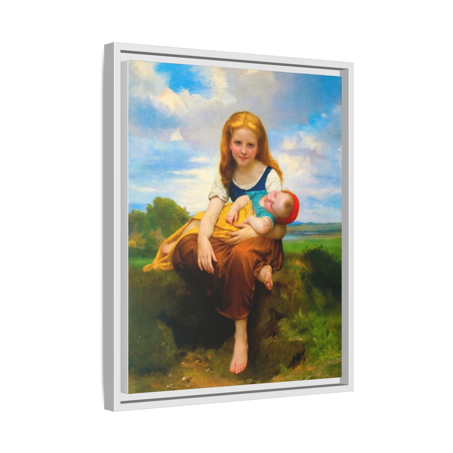 Young Girl Holding Sleeping Baby Canvas Print, Framed Wall Art