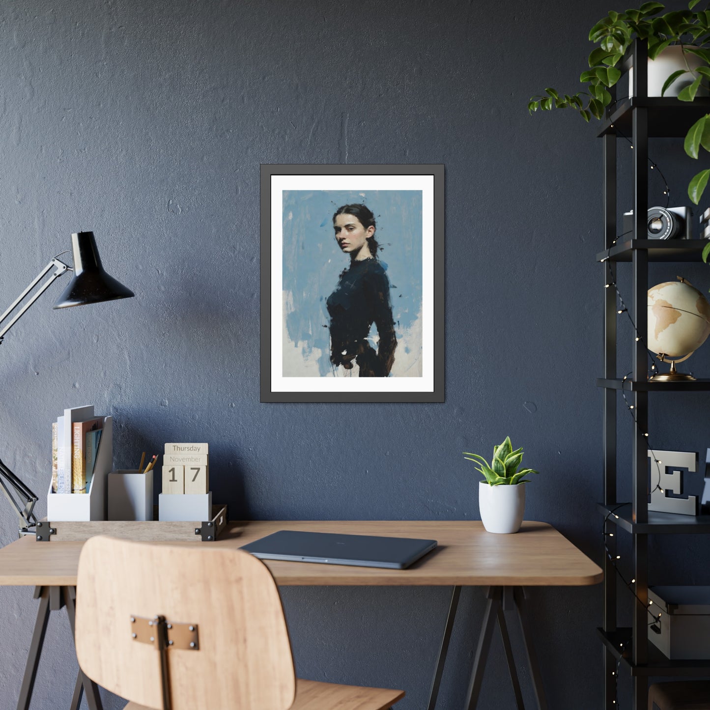 Framed Art Print — Moody Portrait with Blue Painterly Background