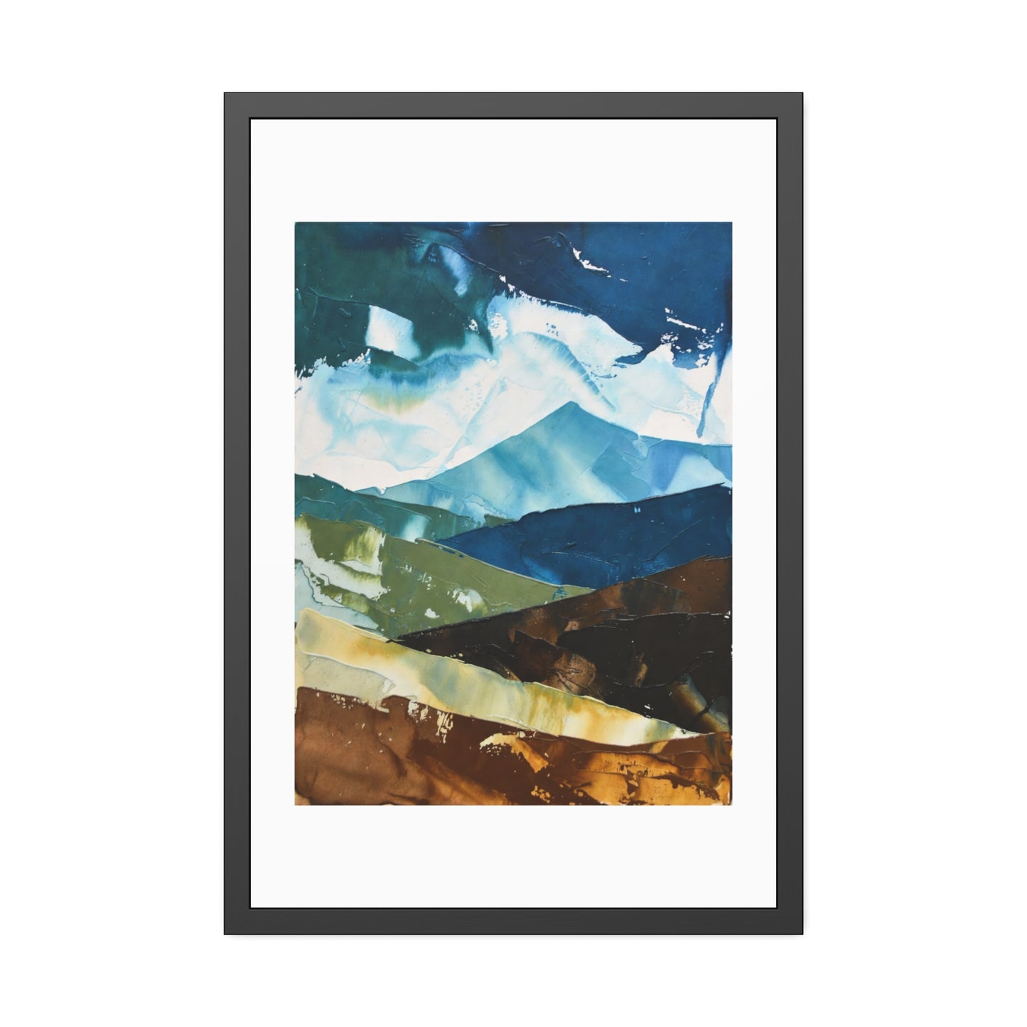 Framed Abstract Mountain Art Print – Blue & Earthtone Layered Landscape Poster