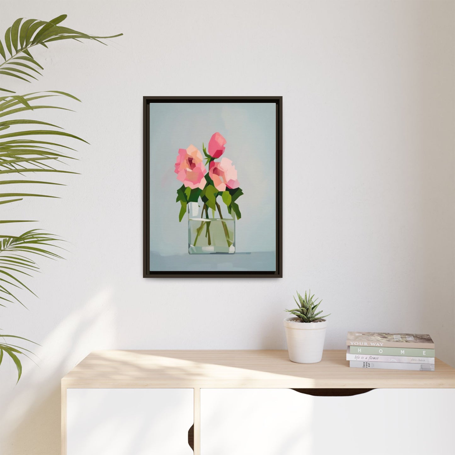 Framed Floral Canvas Print — Pink Roses in Glass Vase (Matte)