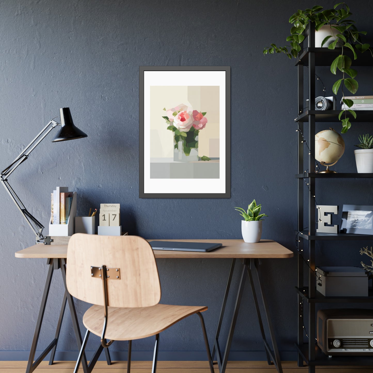 Framed Floral Poster — Geometric Pink Rose Wall Art