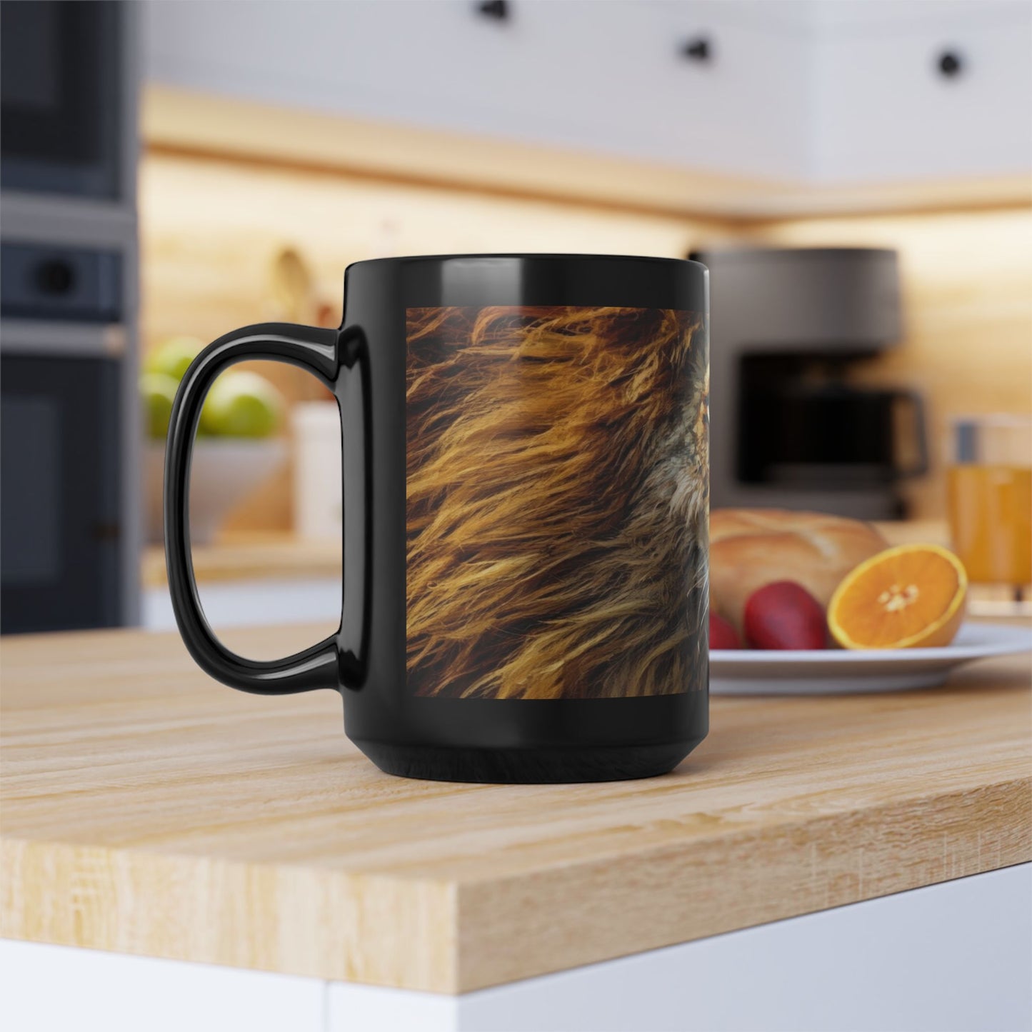 Lion Portrait Black Ceramic Mug — Majestic Wildlife Coffee Cup (11oz, 15oz)