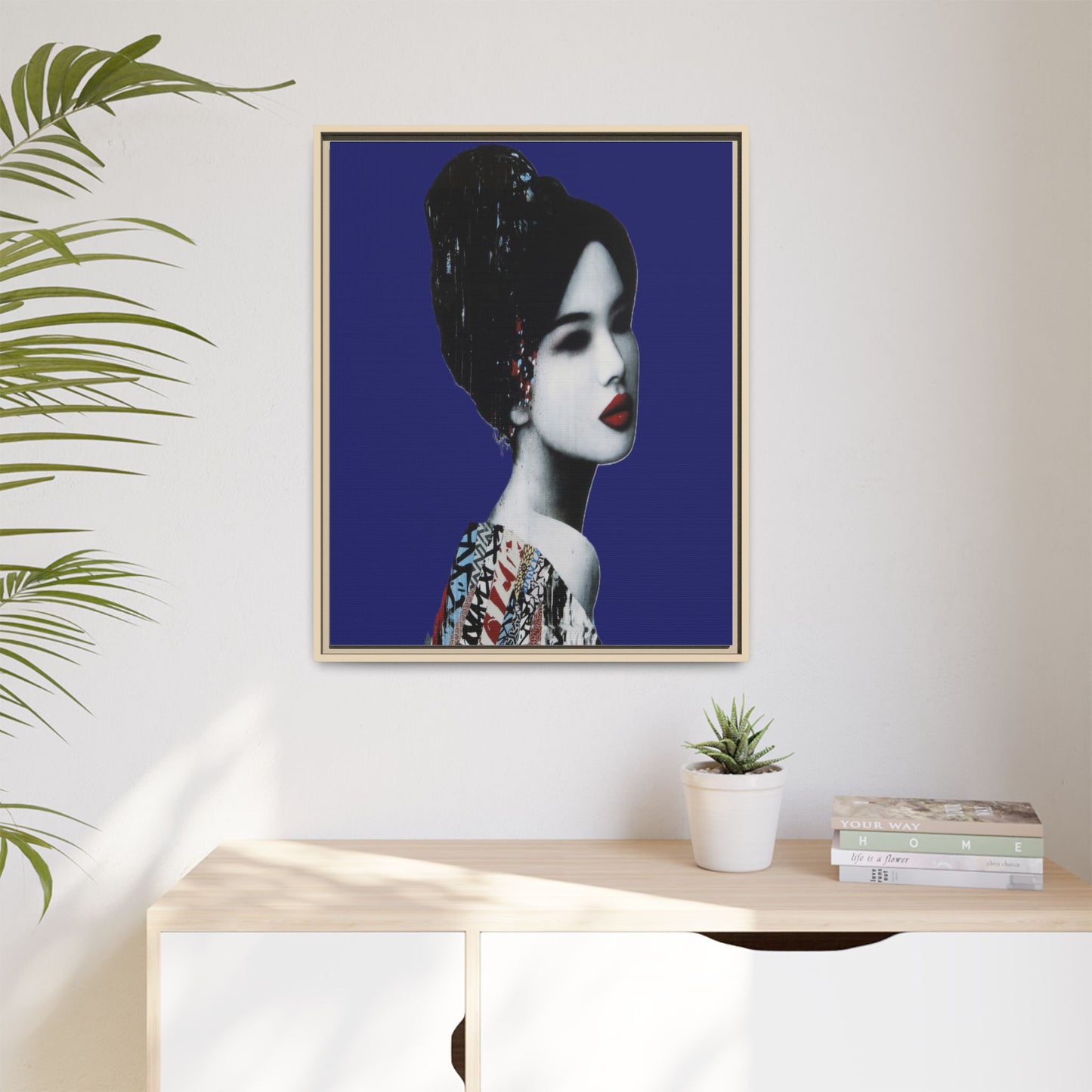 Framed Matte Canvas Art — Elegant Geisha Portrait on Deep Blue