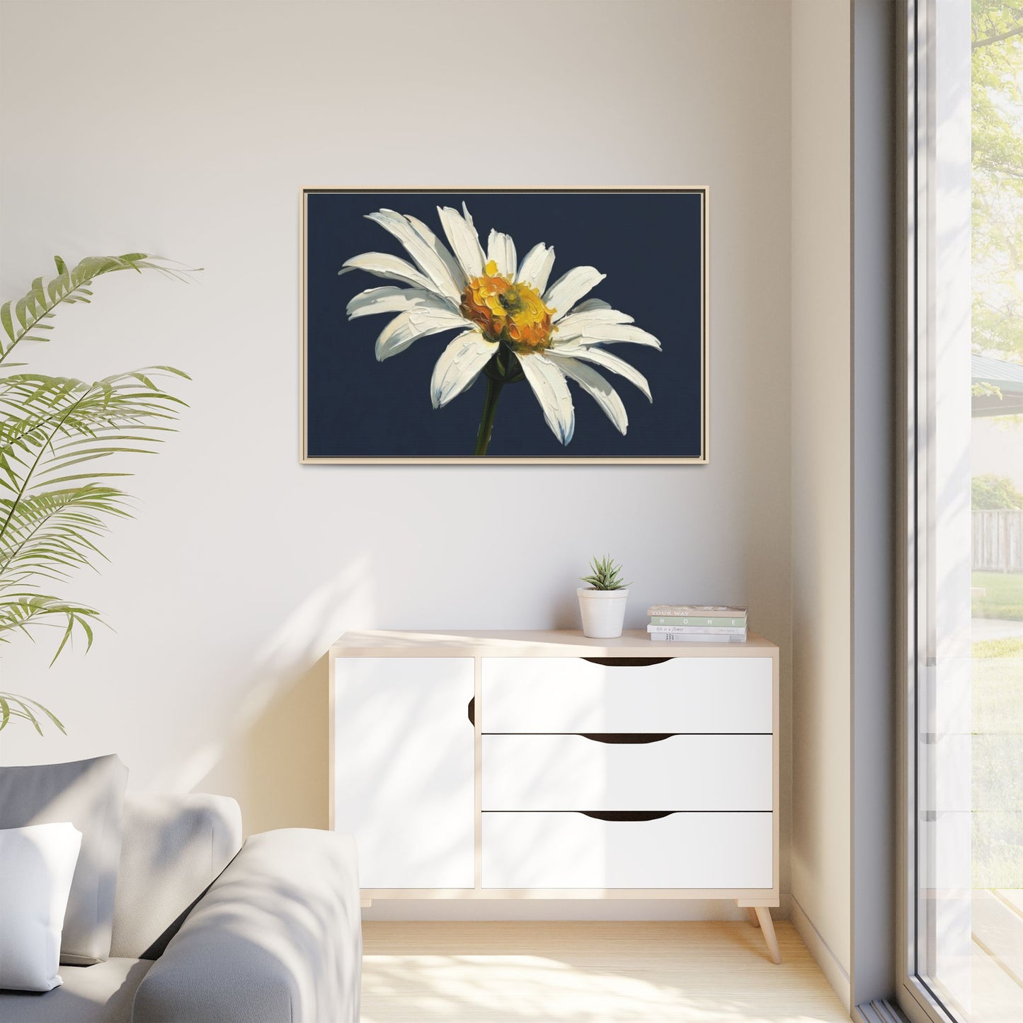 Framed Matte Canvas Daisy Wall Art — White Floral Painting on Navy