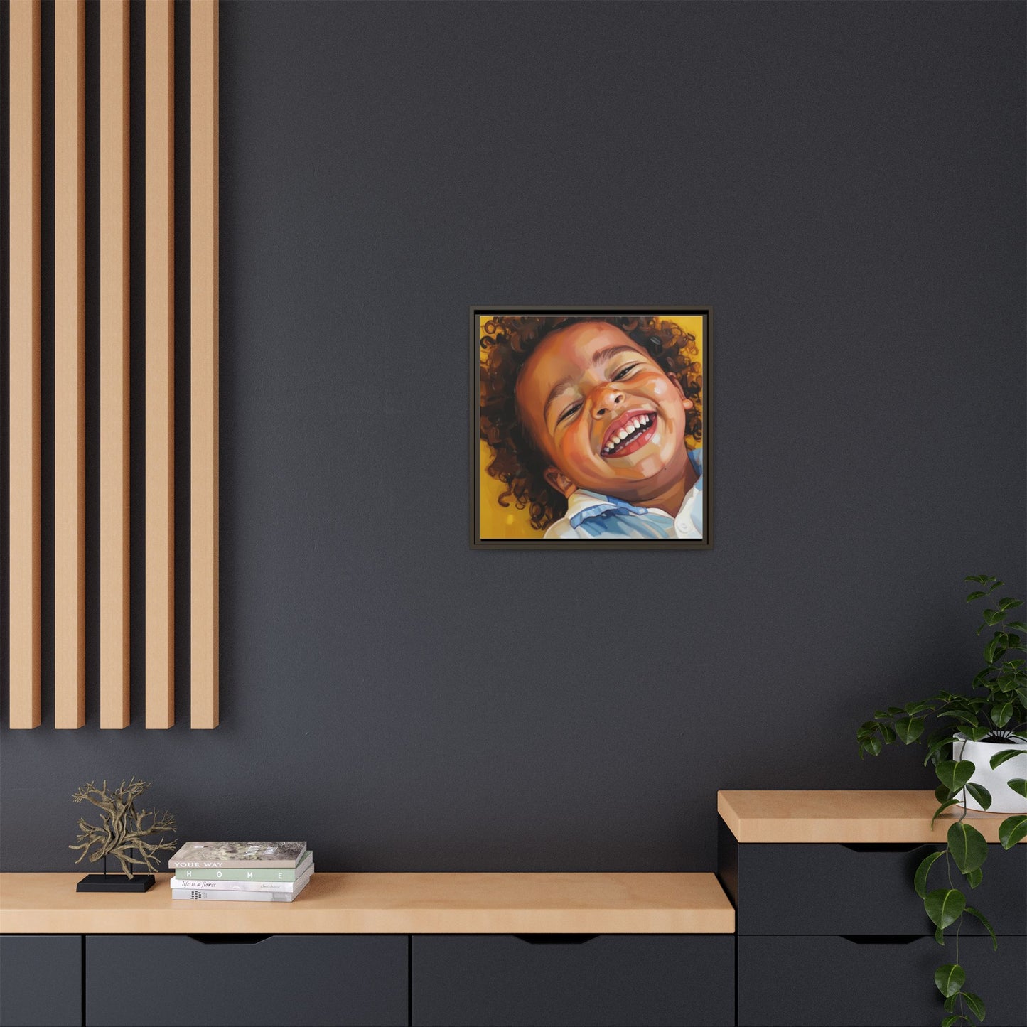Framed Matte Canvas Print – Joyful Child Portrait, Colorful Nursery Wall Art
