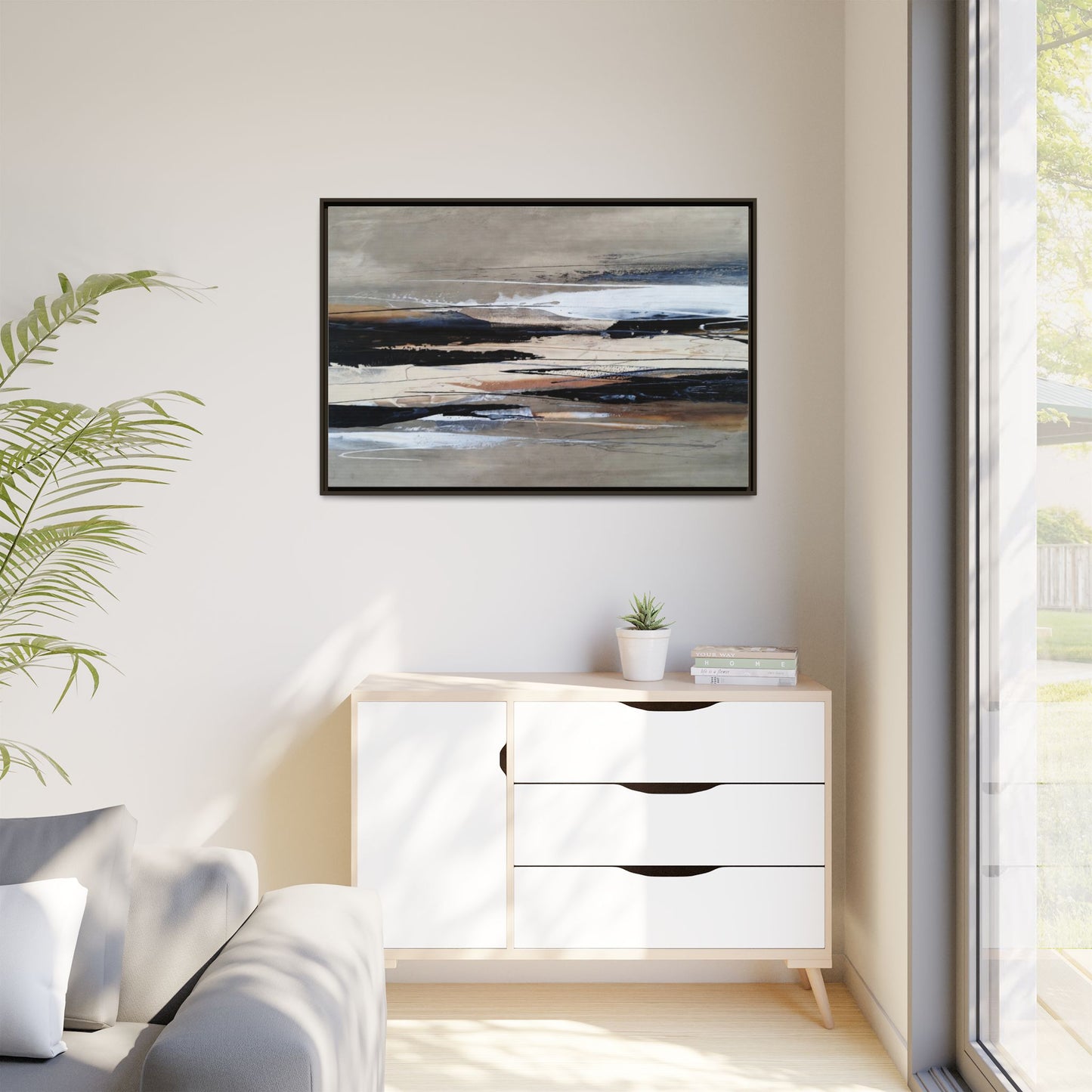 Abstract Seascape Matte Canvas Framed Wall Art — Neutral Coastal Landscape