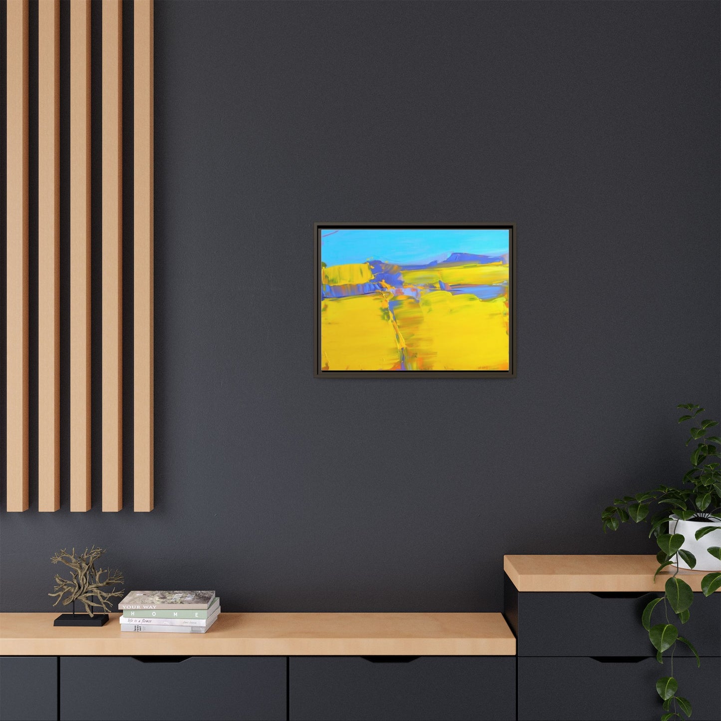 Framed Matte Canvas  Vibrant Yellow Blue Abstract Landscape Art