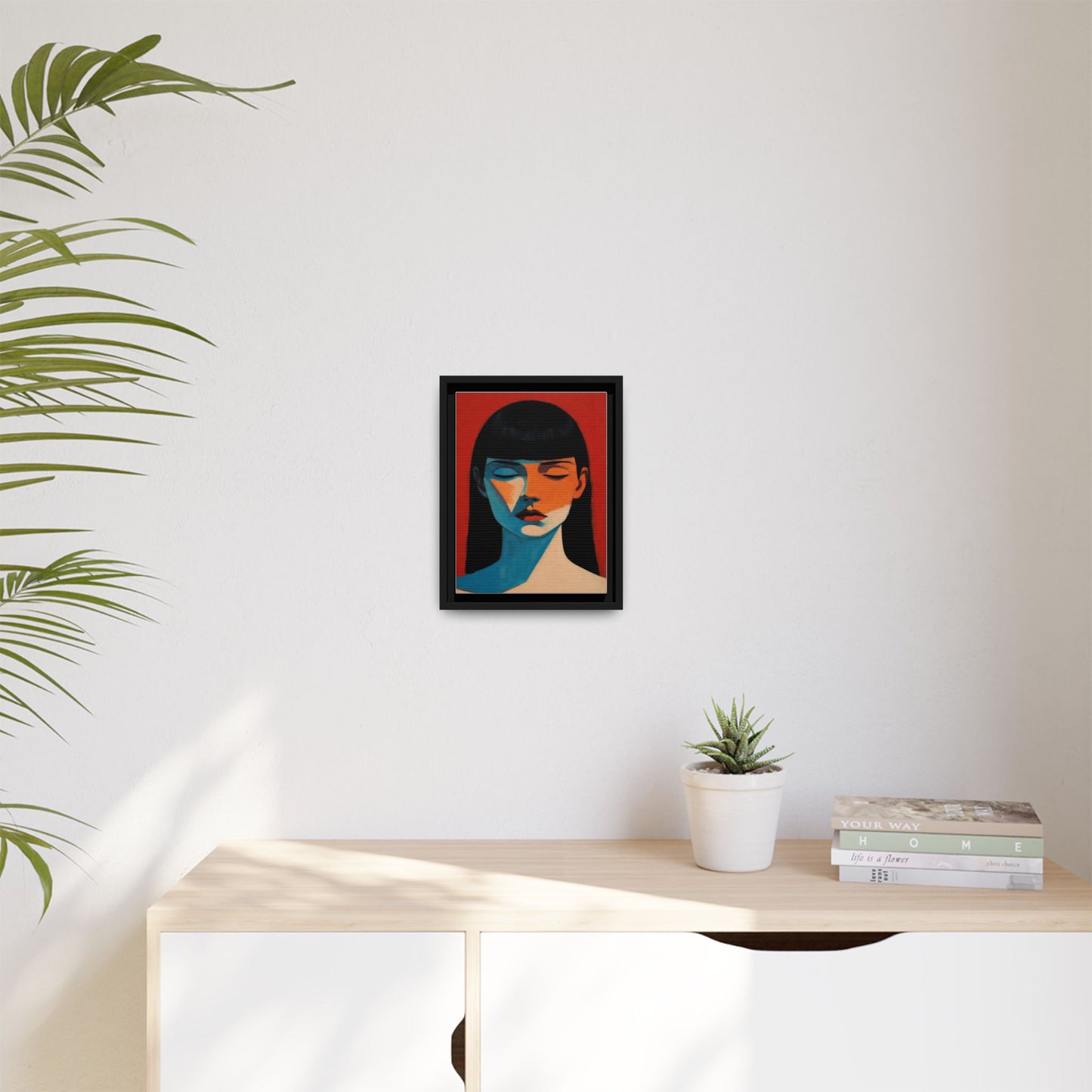 Framed Matte Canvas Art – Minimalist Portrait in Red & Teal