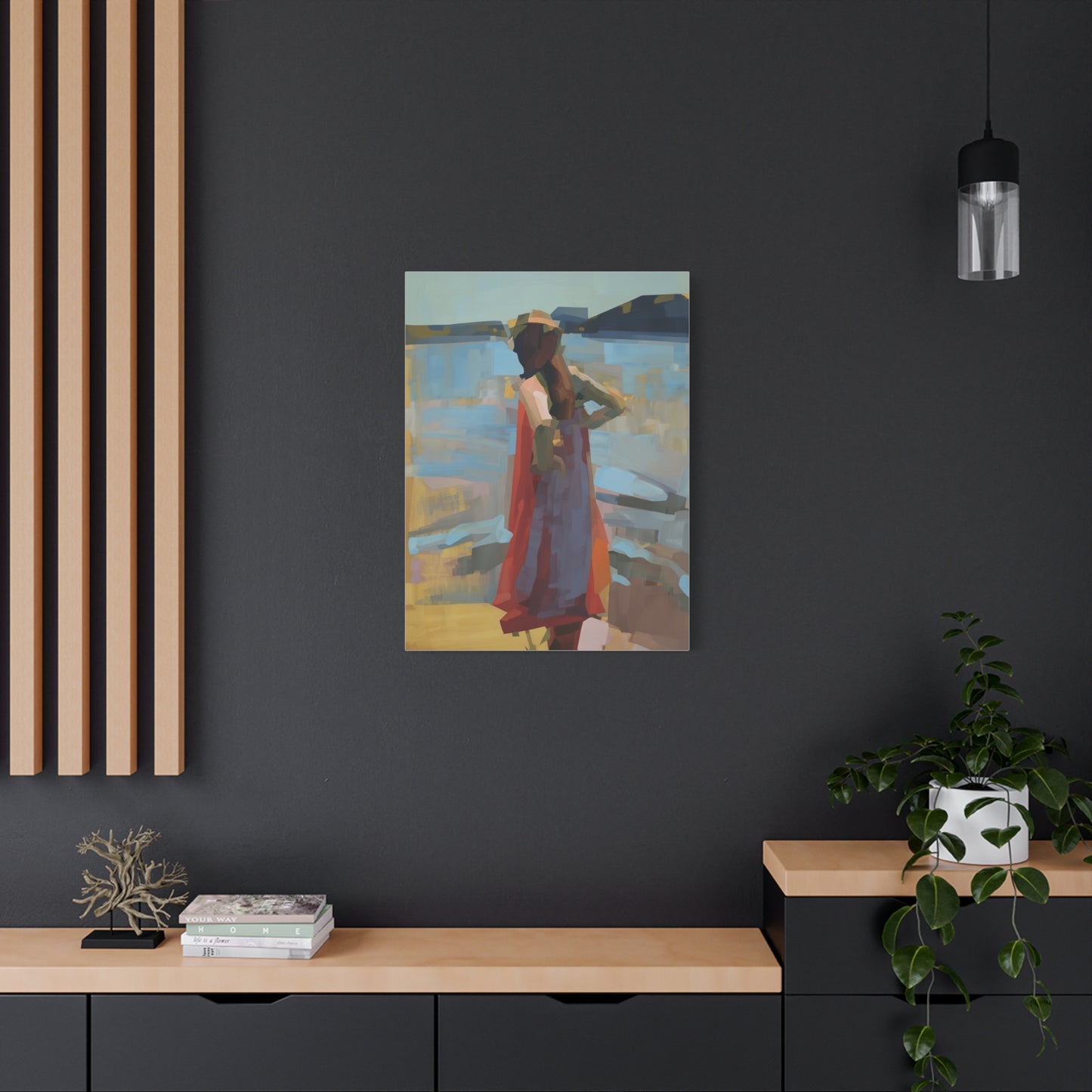 Coastal Stroll Matte Canvas Print — Abstract Woman in Red Dress, Stretched 1.25"