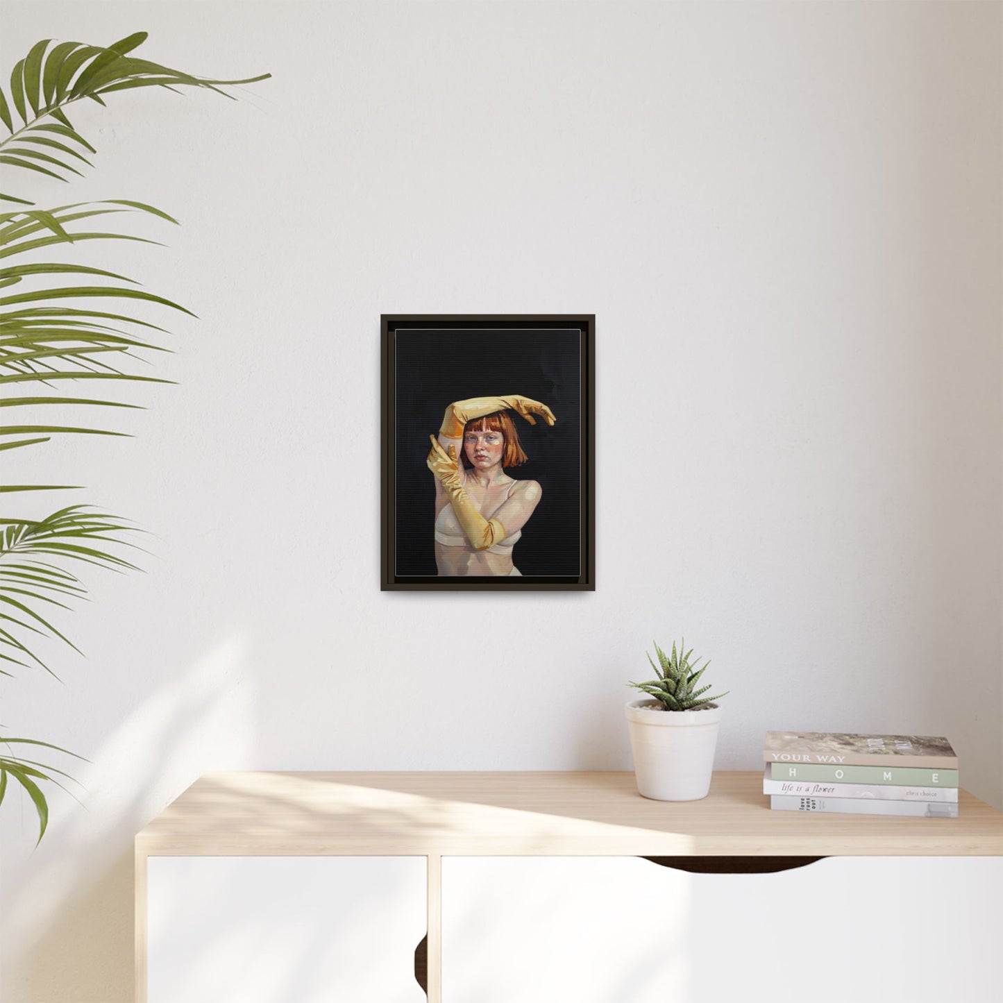 Framed Matte Canvas Art – Portrait of Woman in Yellow Gloves