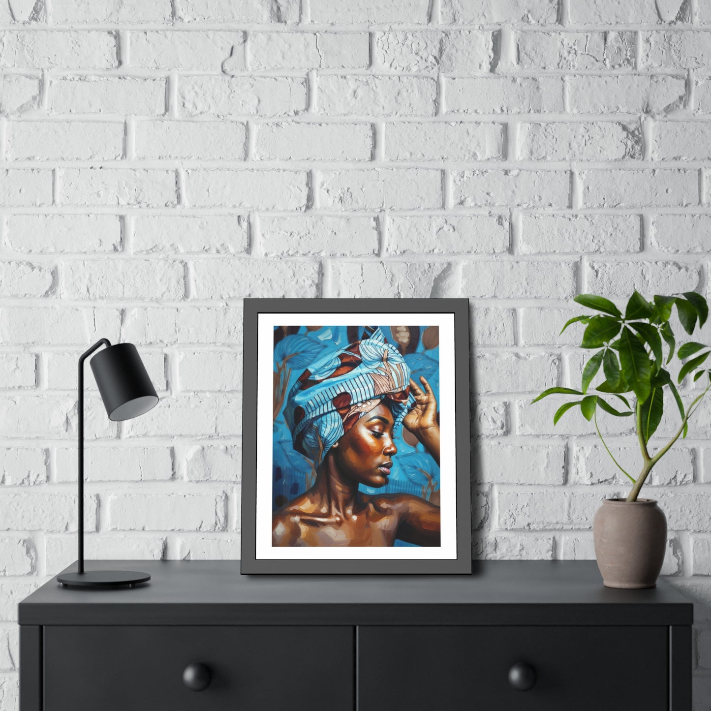 Framed Art Print — Portrait of Woman with Blue Headwrap (Gallery Wall Decor)