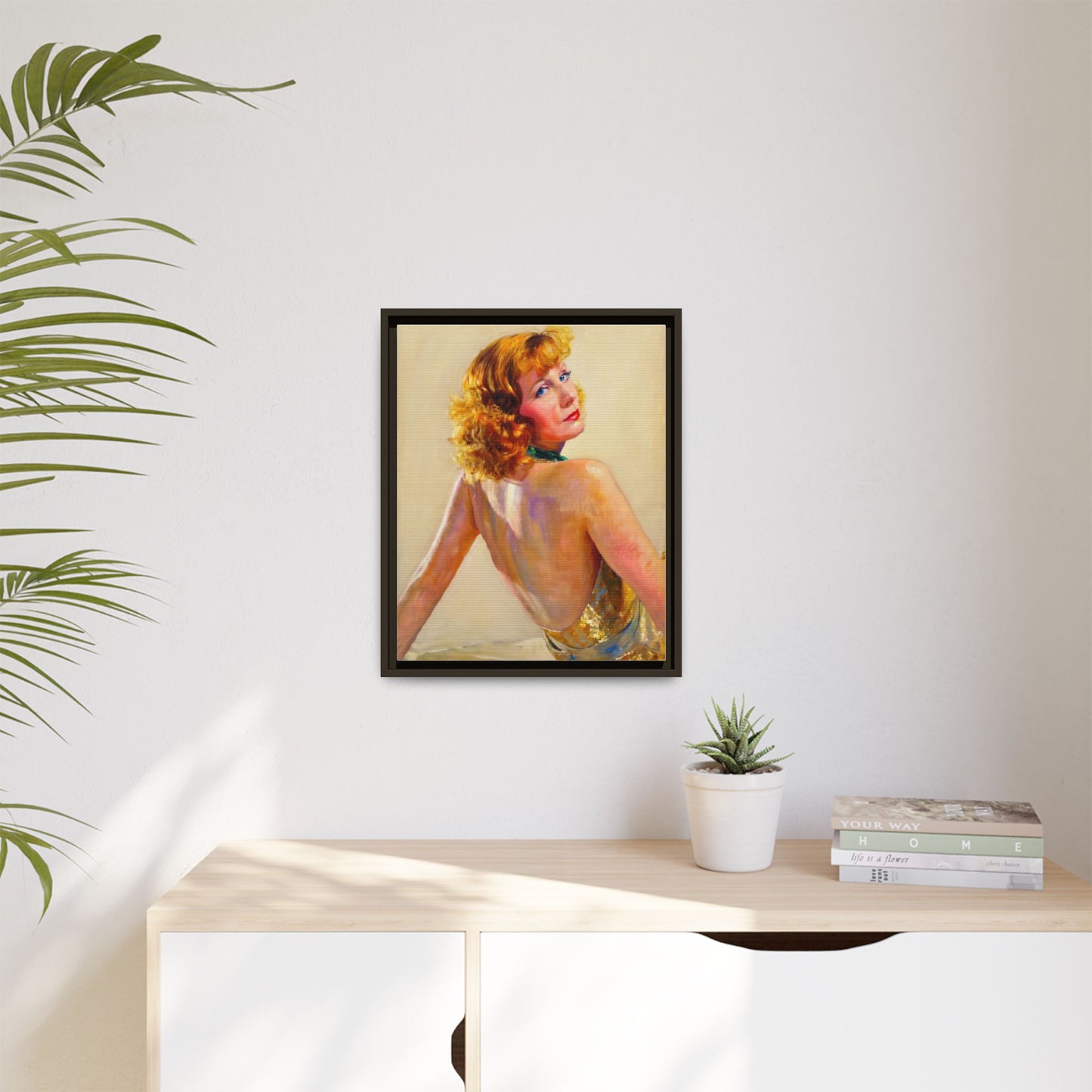 Framed Matte Canvas Print — Vintage Portrait of Redhead Greta Garbo in Gold Dress