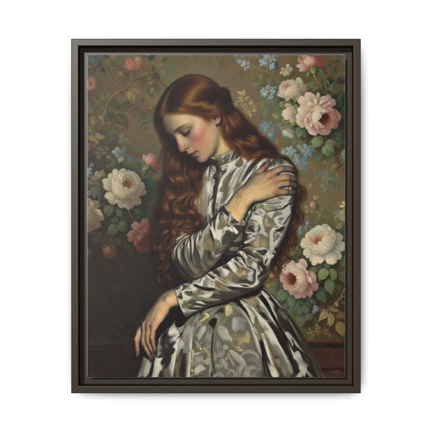 Framed Matte Canvas Art — Vintage Floral Portrait of a Young Woman