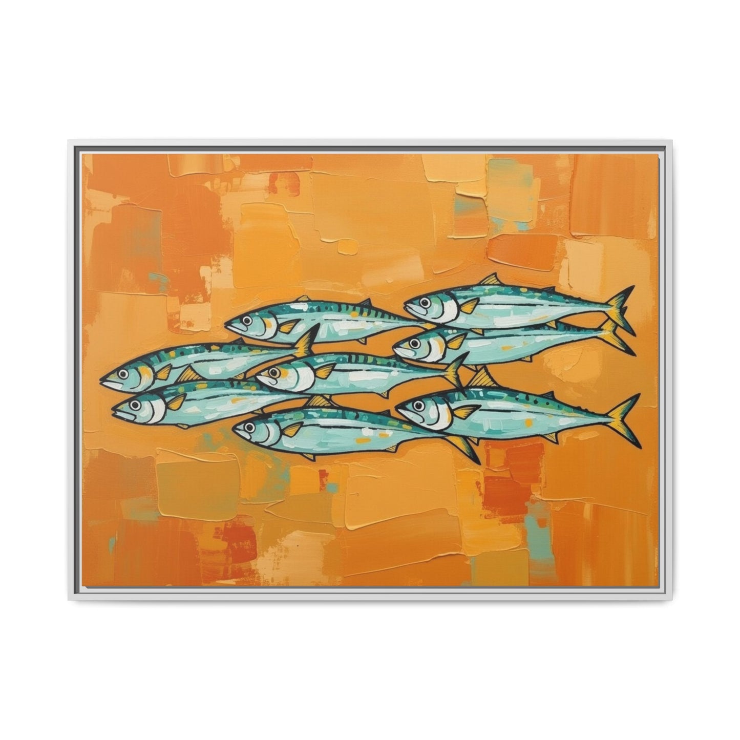 Framed Matte Canvas Print — School of Blue Fish on Orange Abstract Background