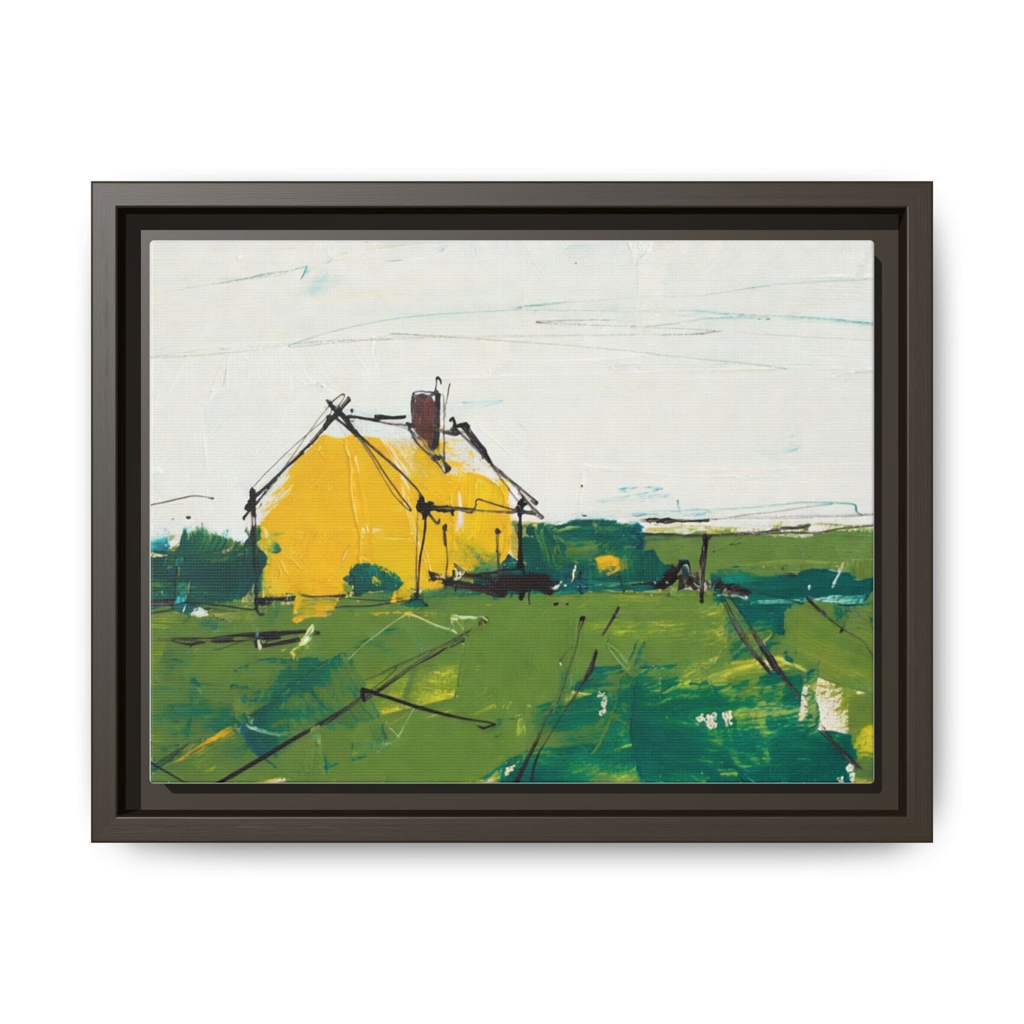 Yellow Cottage Landscape Framed Canvas Print