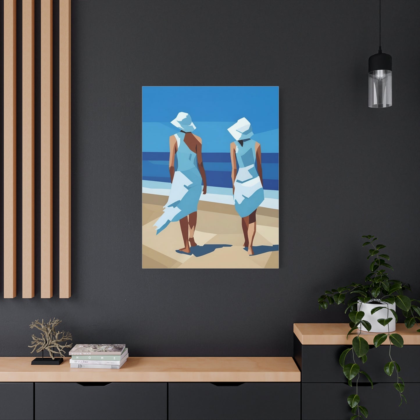 Beach Stroll Canvas Print — Two Women in Blue Sun Hats Matte Stretched
