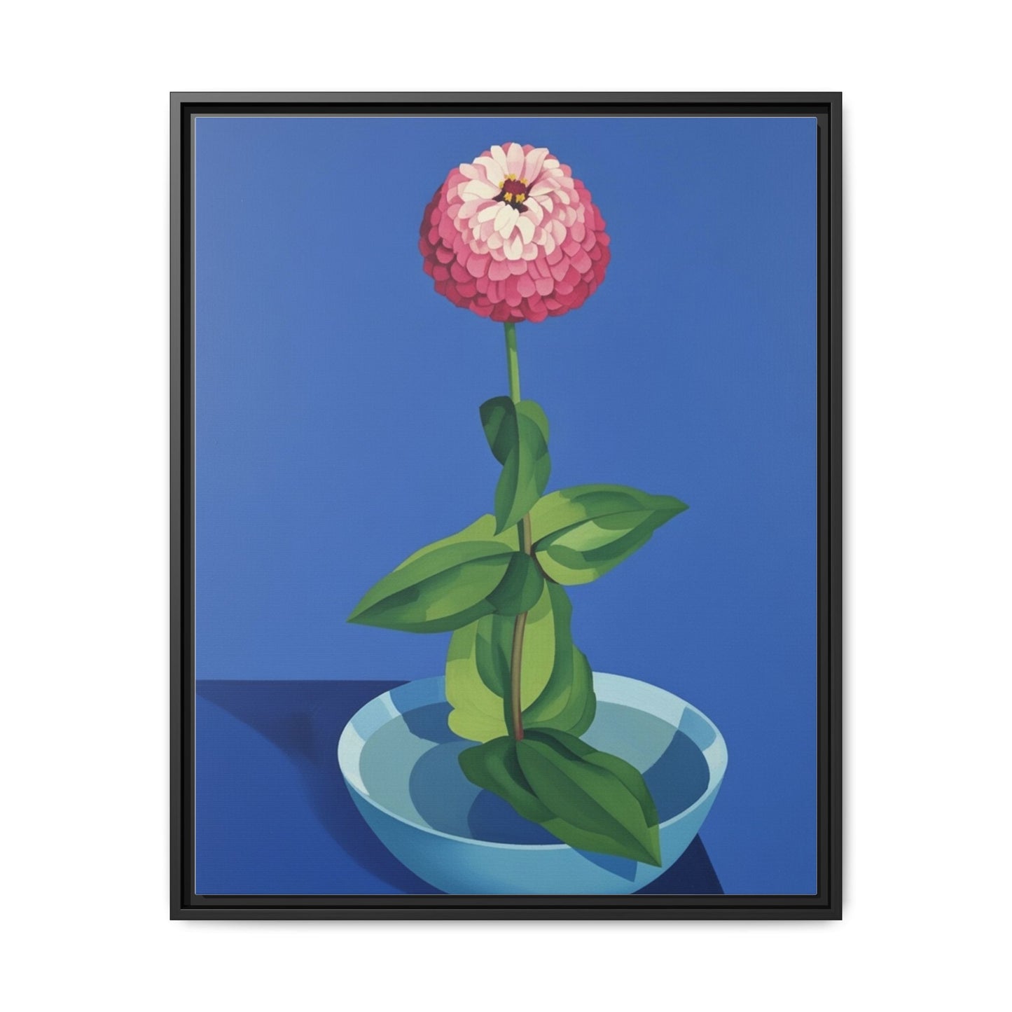 Framed Matte Canvas Art — Pink Zinnia in Blue Bowl (Botanical Still Life)