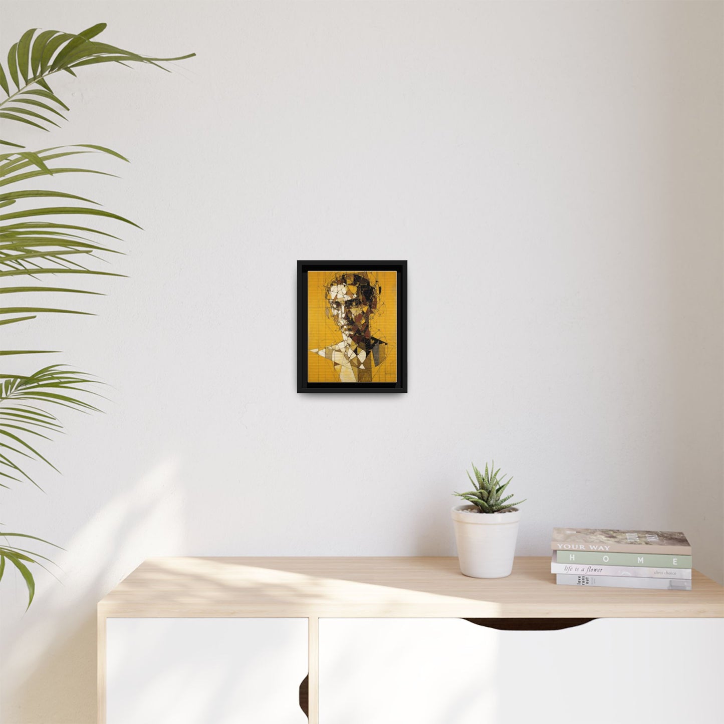 Framed Matte Canvas Art - Abstract Geometric Portrait on Mustard Yellow