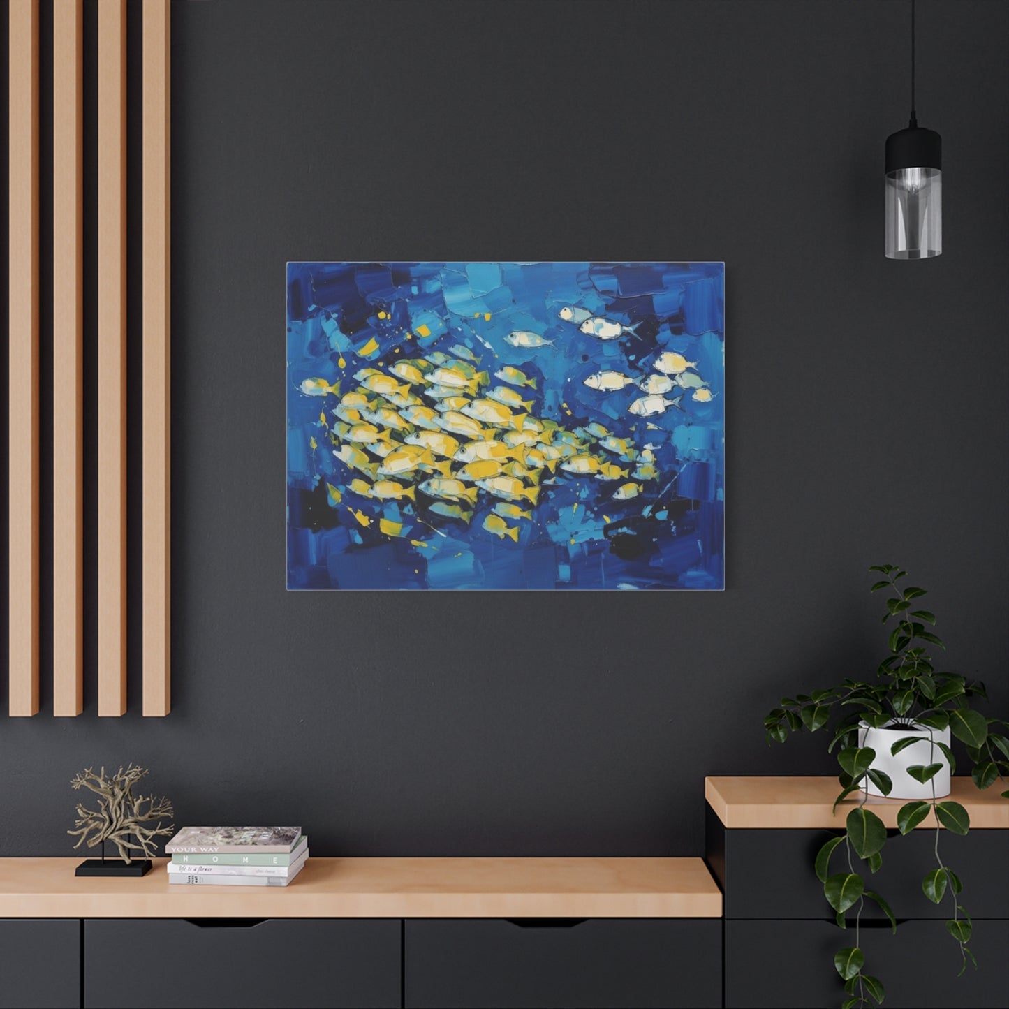 Canvas Wall Art - Blue School of Fish Matte Stretched Canvas