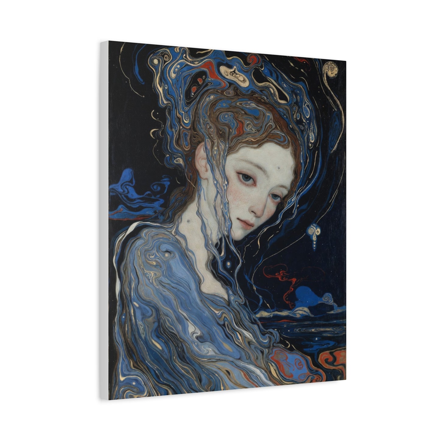 Ethereal Siren Matte Canvas Wall Art — Surreal Blue Portrait, Stretched 1.25"