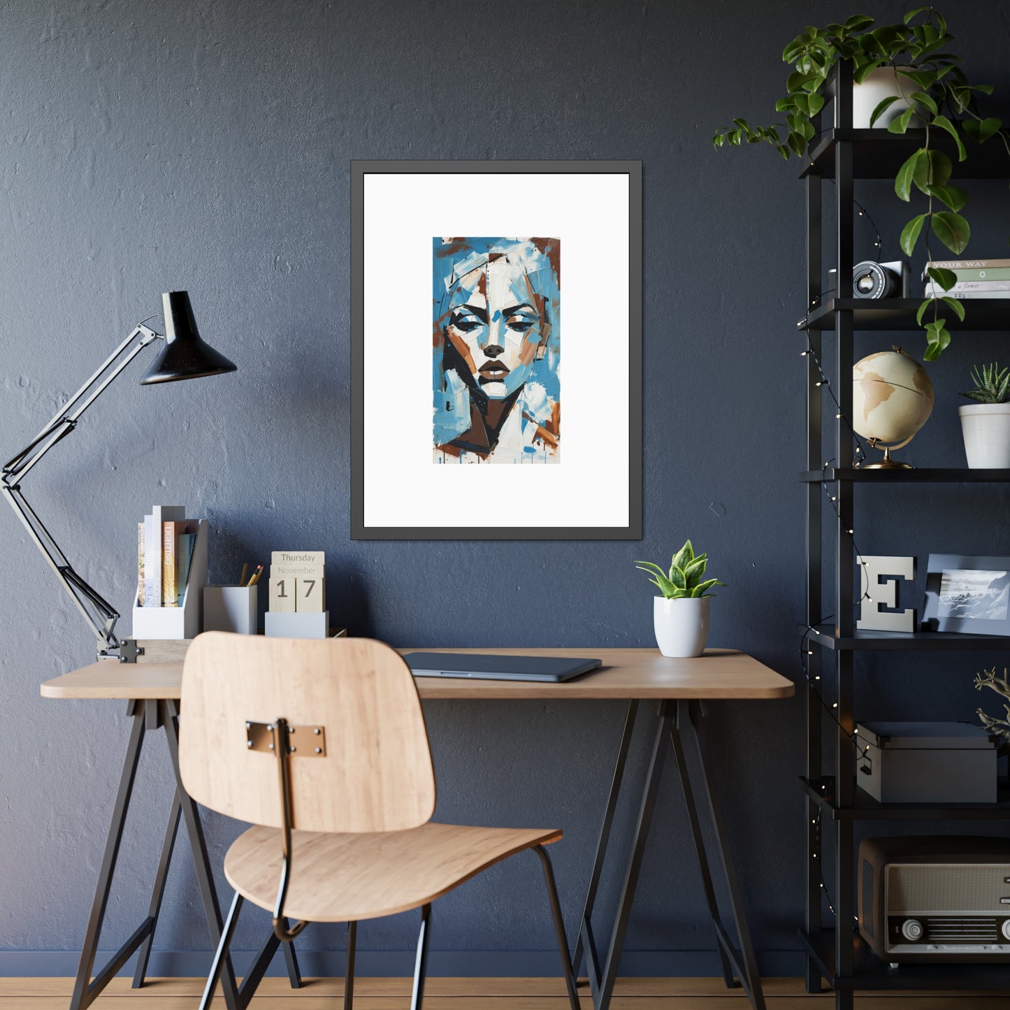 Framed Art Print - Abstract Blue Portrait Poster (Modern Wall Decor)