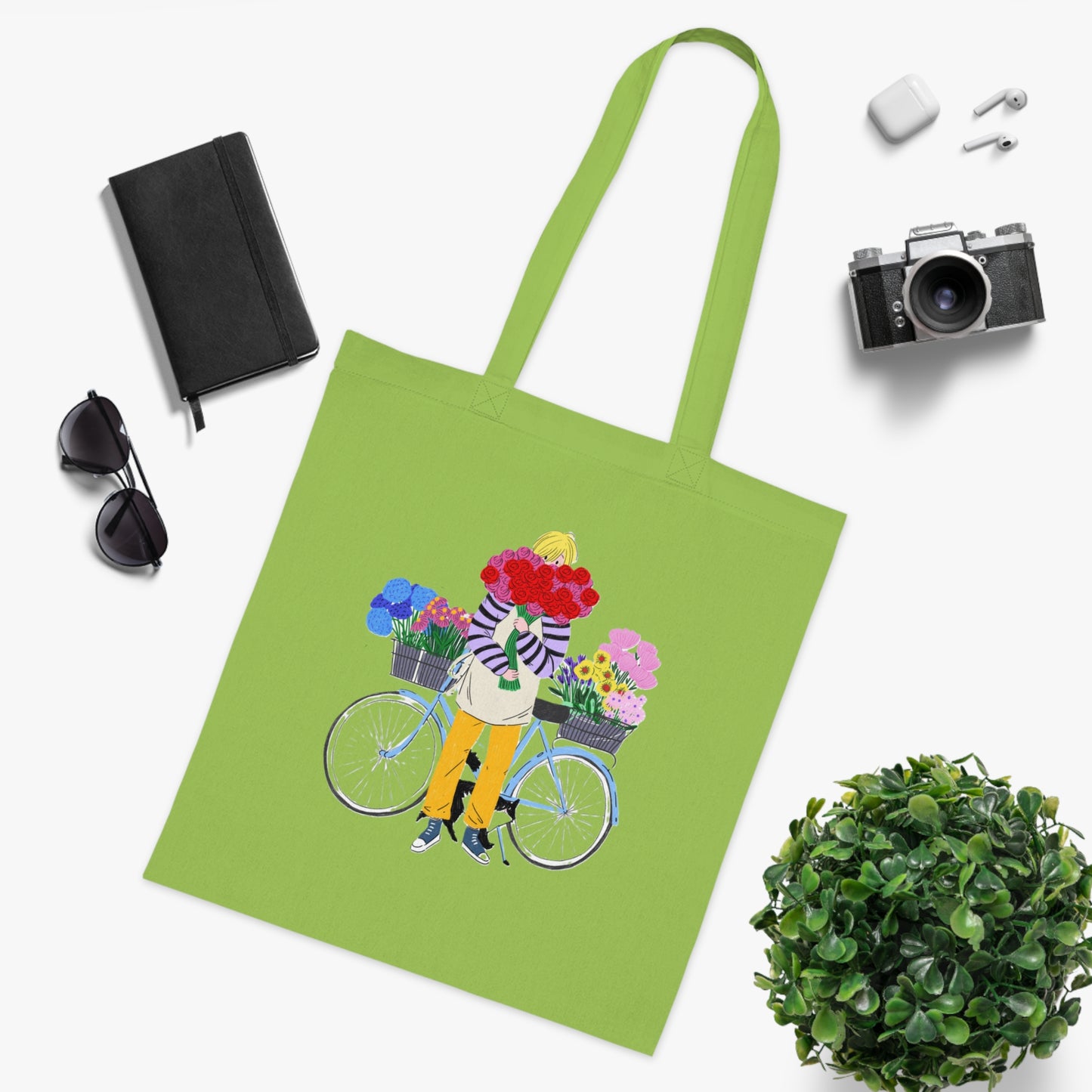 Floral Bike Tote Bag — Cotton Market Tote with Colorful Flower Bicycle Design