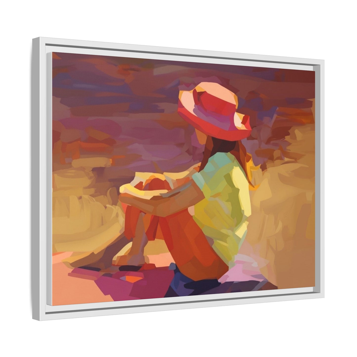 Framed Matte Canvas — Colorful Seated Girl Beach Art