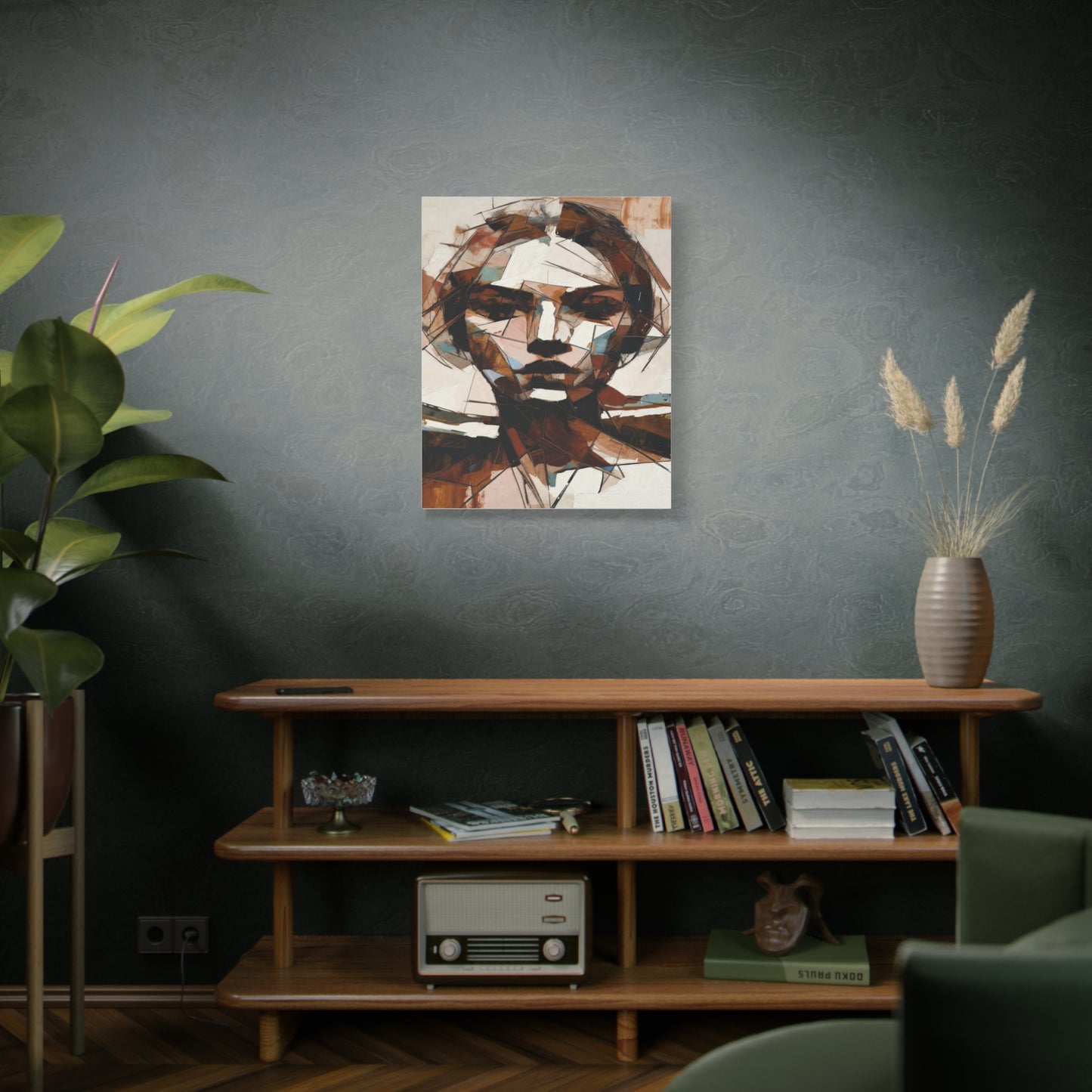 Abstract Geometric Portrait Canvas Print — Modern Brown & Teal Wall Art