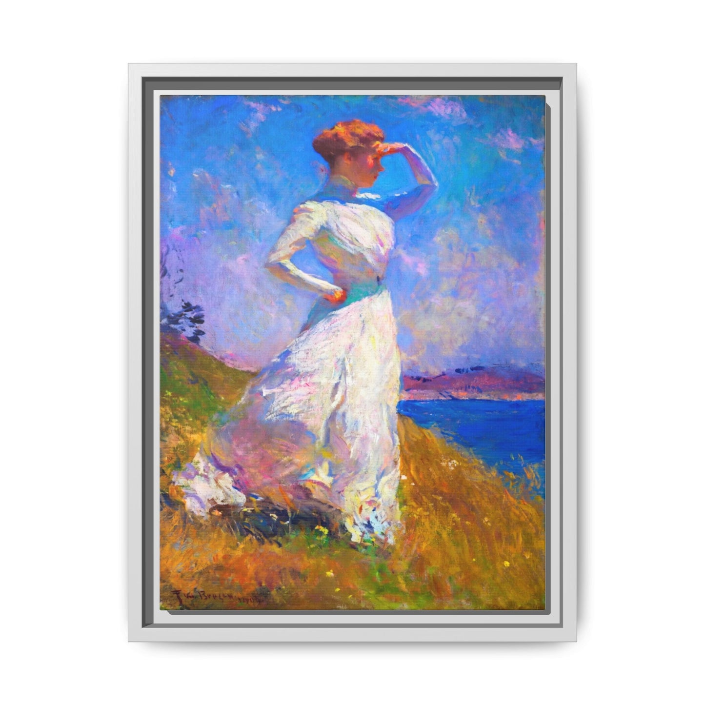 Framed Matte Canvas Art - Woman in White Seaside Impressionist Print