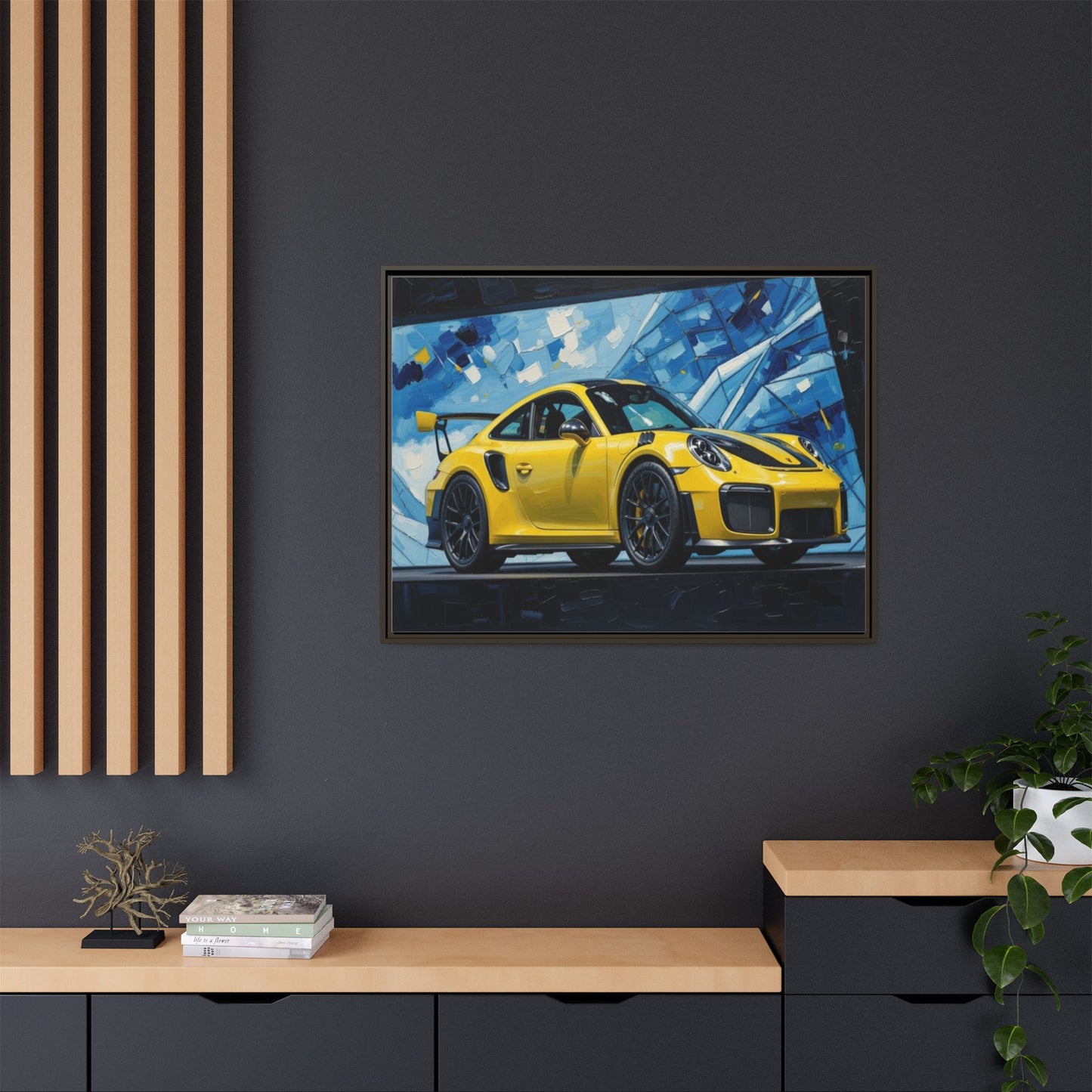 Yellow Porsche Sports Car Matte Framed Canvas – Modern Automotive Wall Art