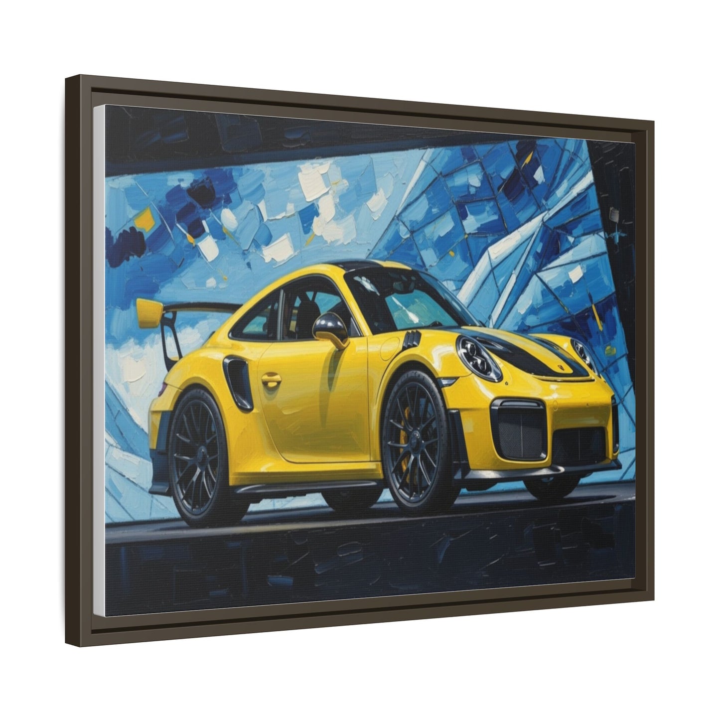Yellow Porsche Sports Car Matte Framed Canvas – Modern Automotive Wall Art