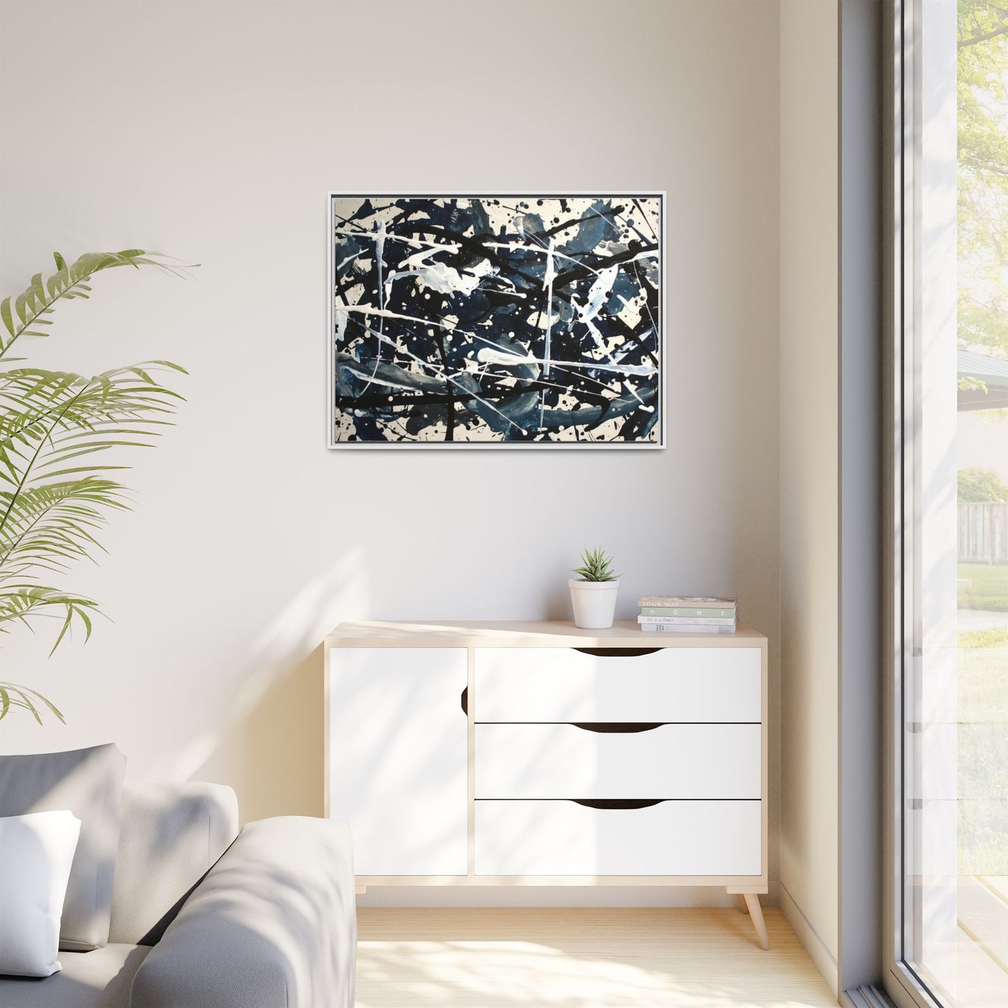 Abstract Splatter Matte Canvas Framed Wall Art — Black & Blue Modern Art Print