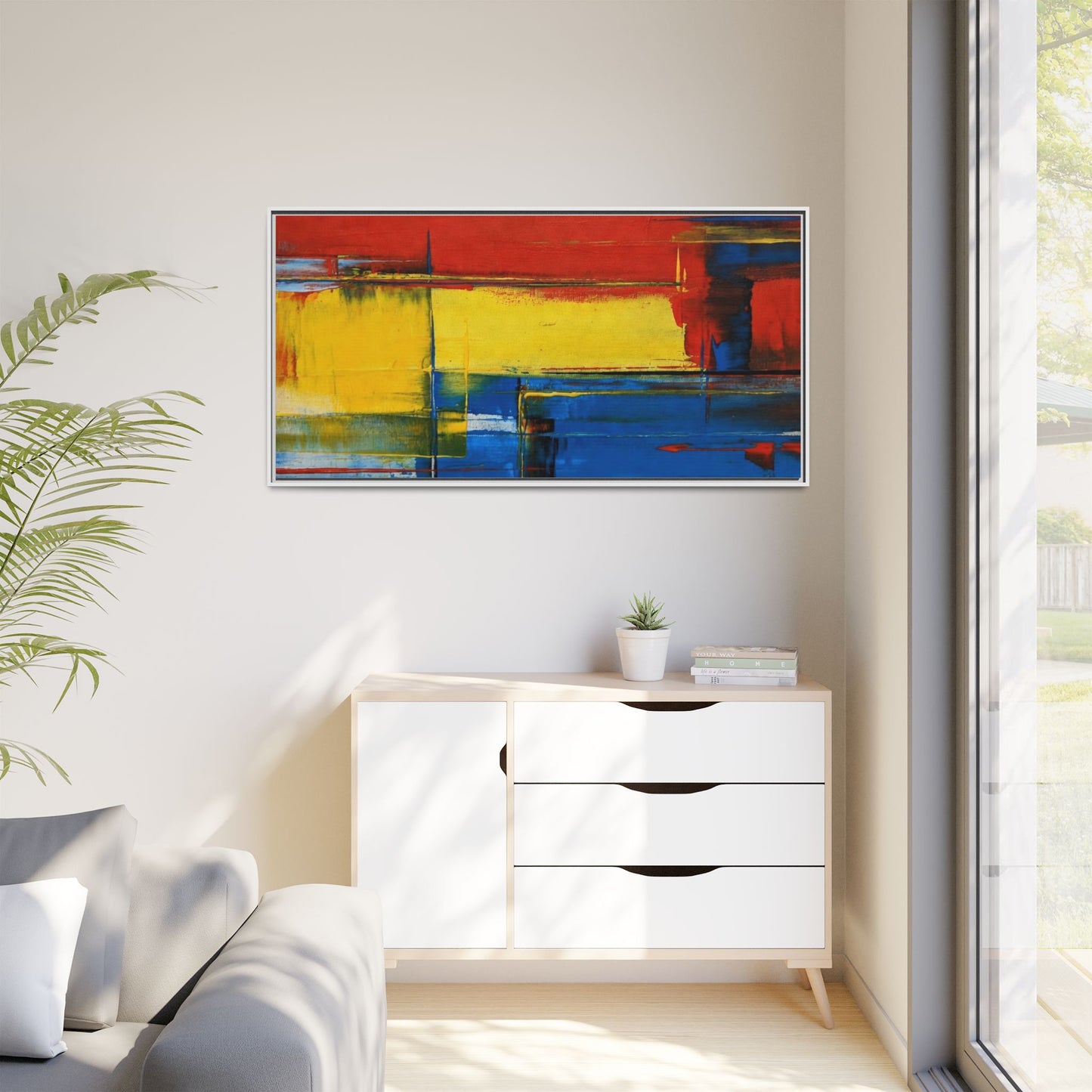Abstract Color Block Matte Canvas Framed Wall Art — Modern Red Yellow Blue Painting