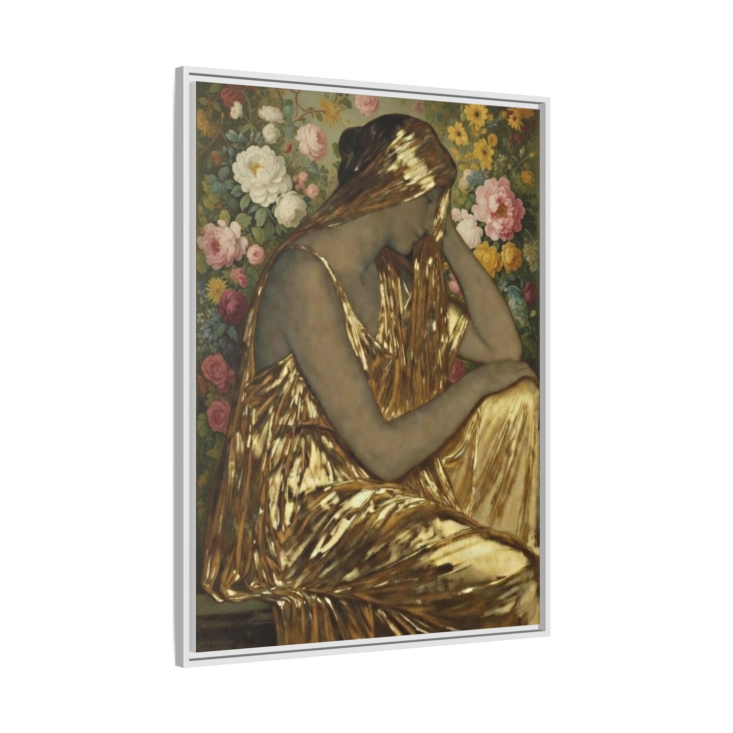 Framed Canvas Art Print — Golden Muse Woman with Floral Background