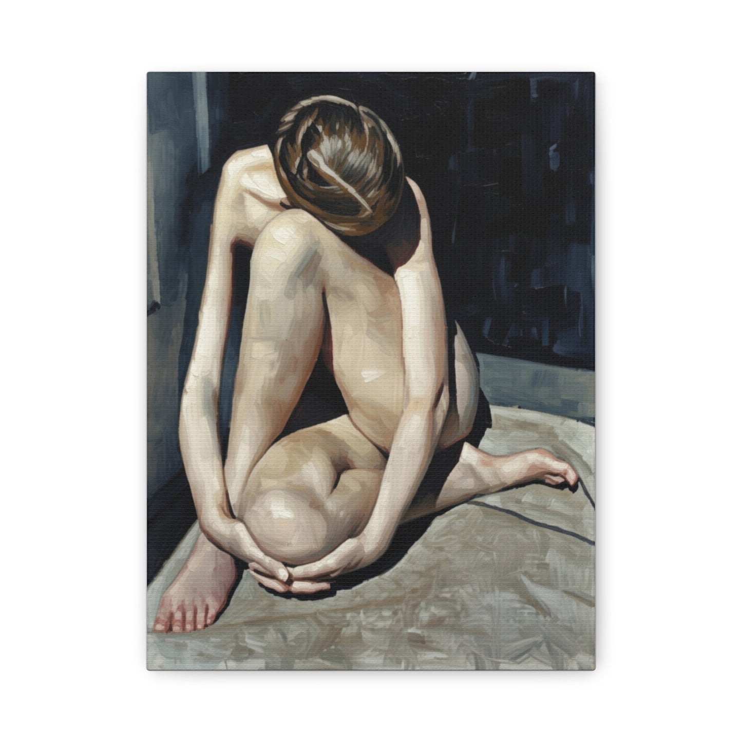Figurative Nude Art Canvas Print — Contemplative Female Figure Matte Stretched