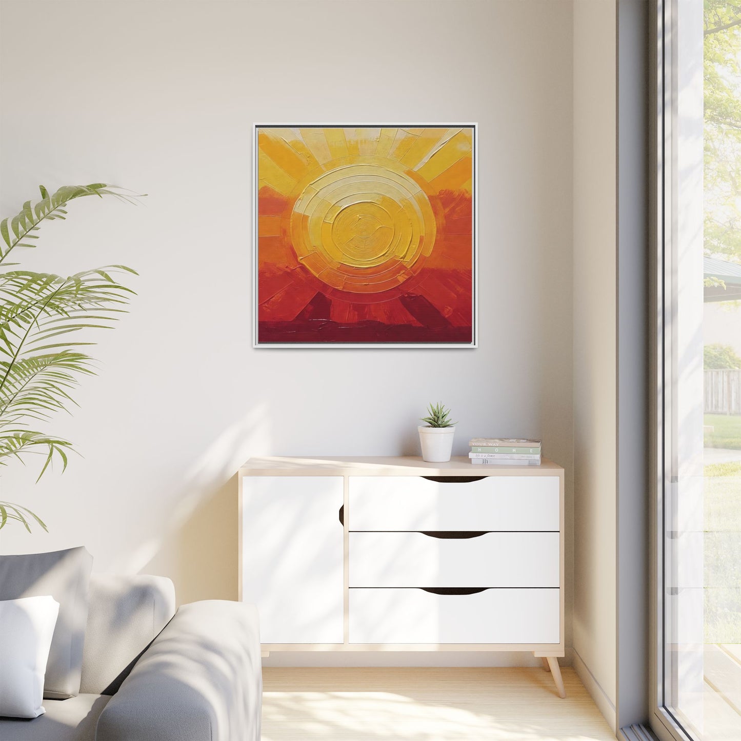 Sunburst Abstract Framed Canvas Art — Matte Multi‑Color Wall Print