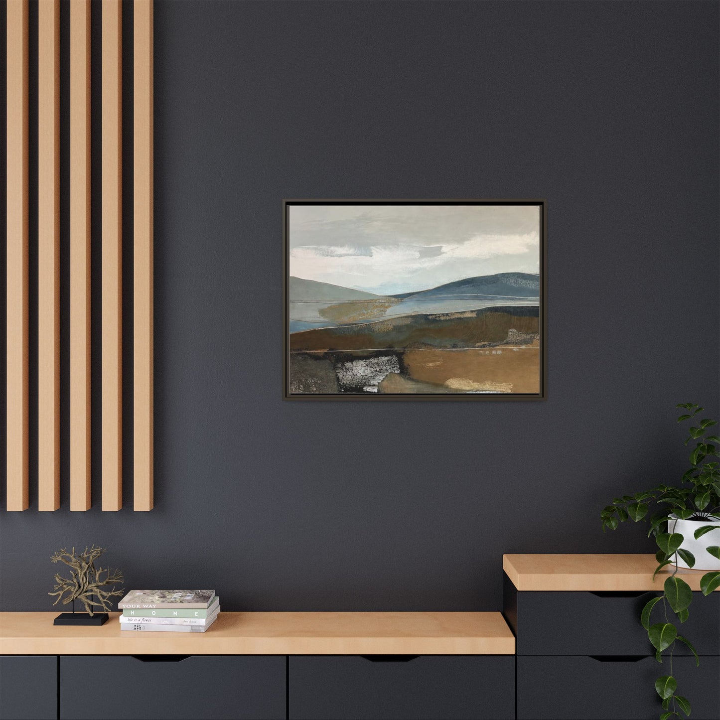 Framed Matte Canvas Landscape Art - Serene Abstract Hills in Blue & Earth Tones